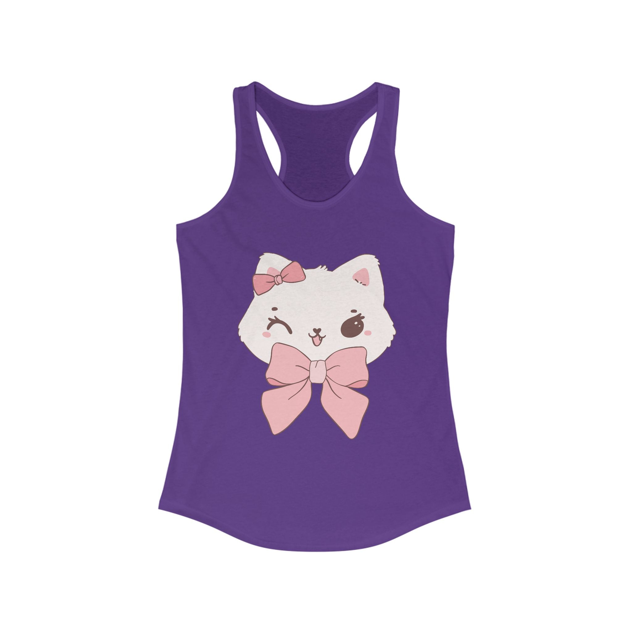 Solid Purple rush tank top with a white cat design wearing a pink bow on a white background