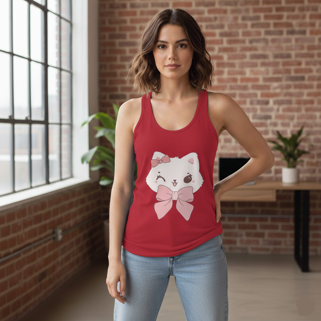 Woman wearing a Solid red tank top with a cat graphic in an indoor setting.