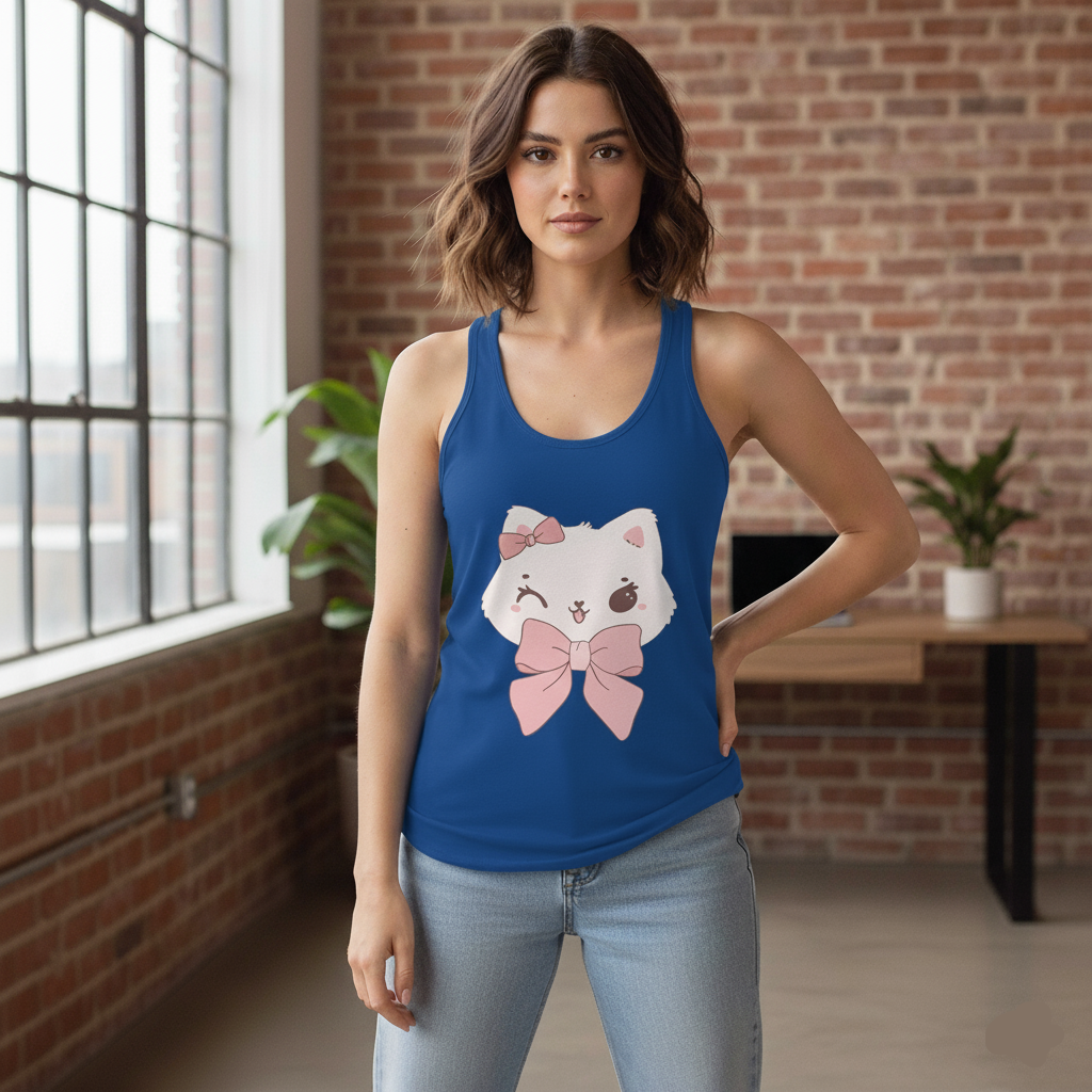 Woman wearing a Solid Royal tank top with a cat graphic in a room with brick walls and large windows.