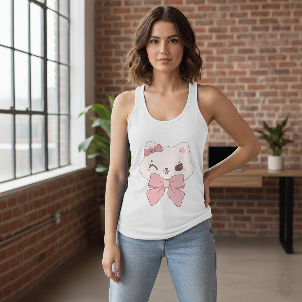 Woman wearing a Solid white tank top with a cat design in an indoor setting.