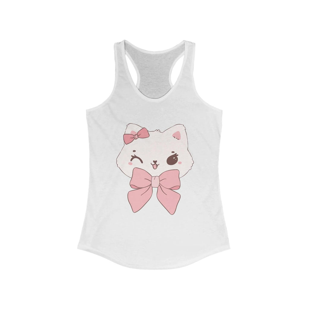 Solid White tank top with a cartoon cat design featuring a pink bow on a white background
