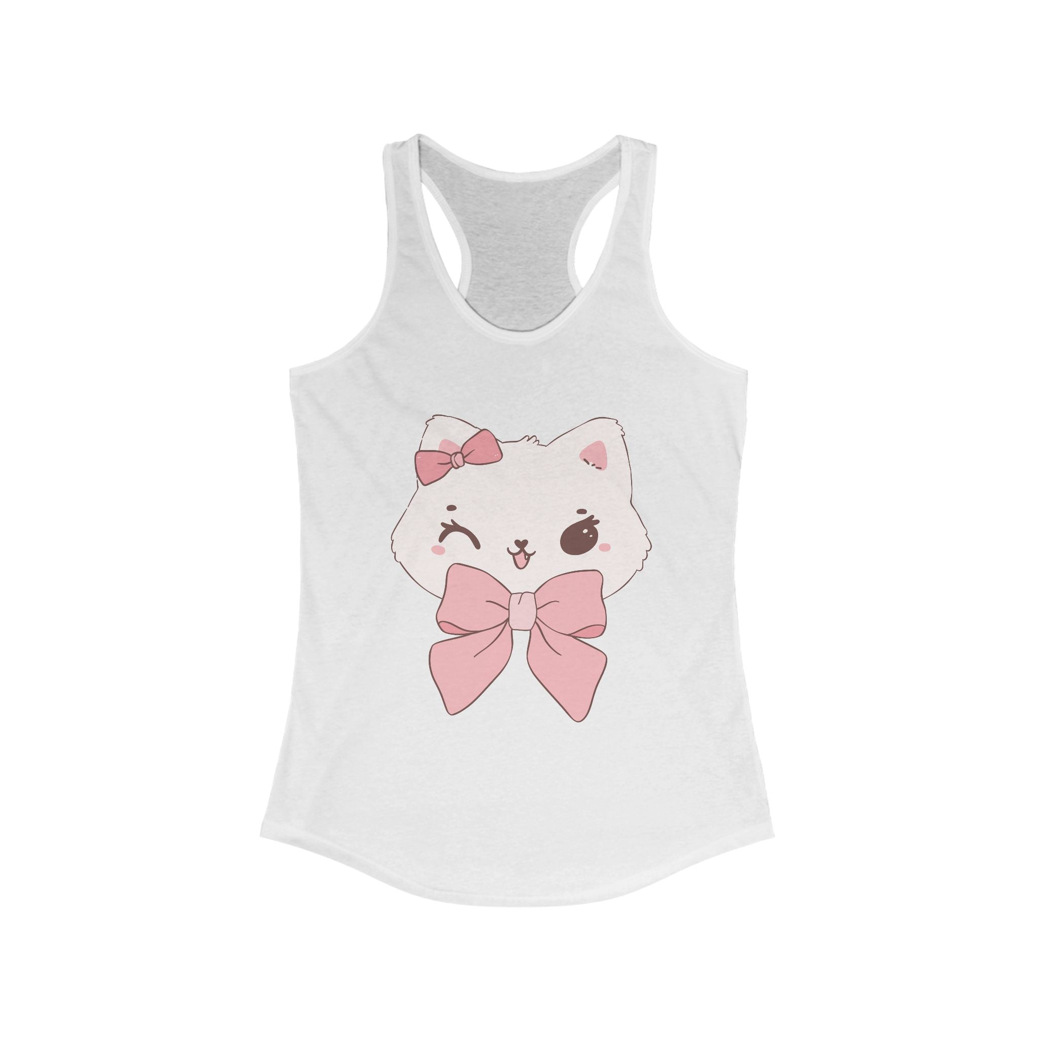 Solid White tank top with a cartoon cat design featuring a pink bow on a white background