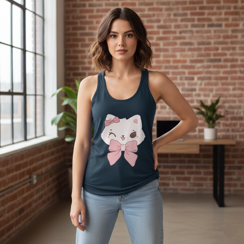 Woman wearing a Solid Midnight navy tank top with a cat design in an indoor setting.