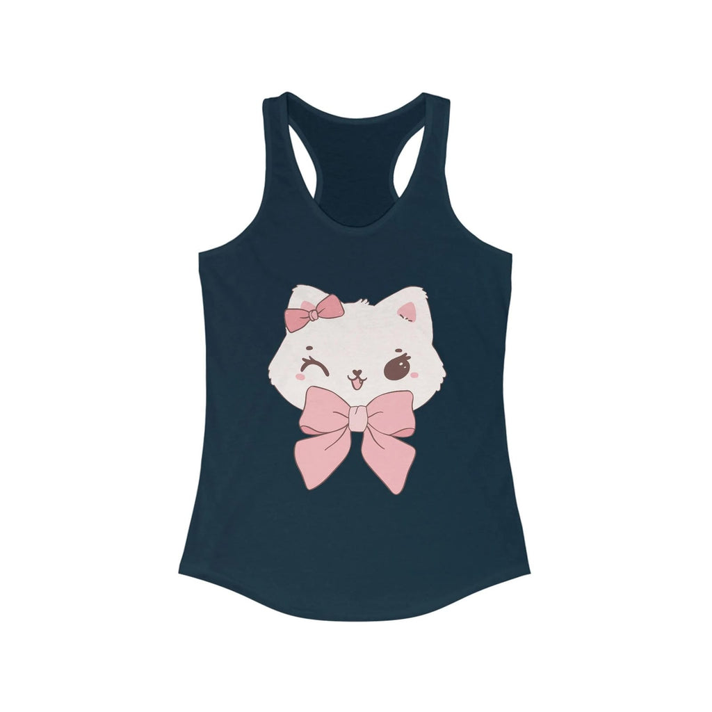 Solid Midnight Navy blue tank top with a white cat face design featuring pink bows on a white background