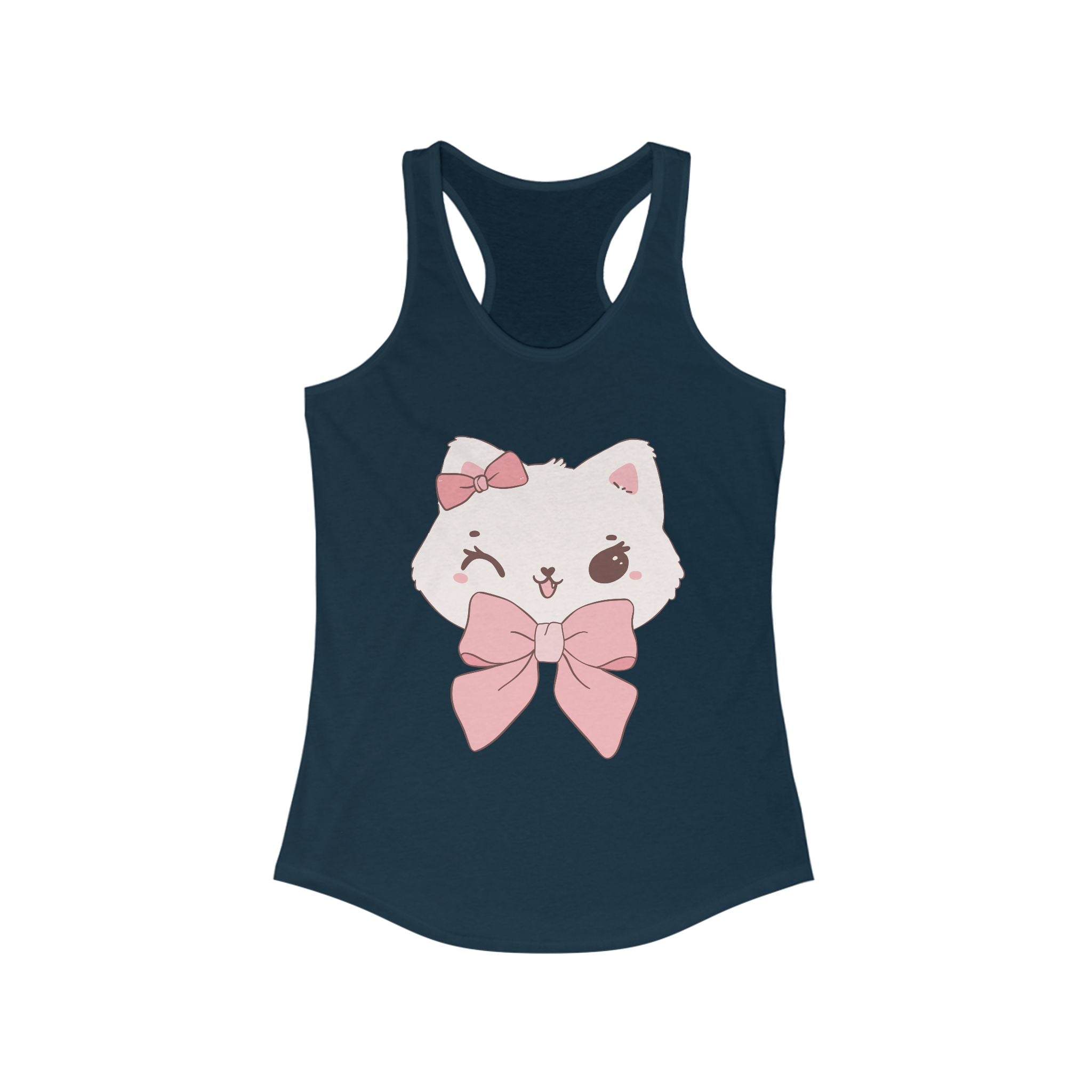Solid Midnight Navy blue tank top with a white cat face design featuring pink bows on a white background