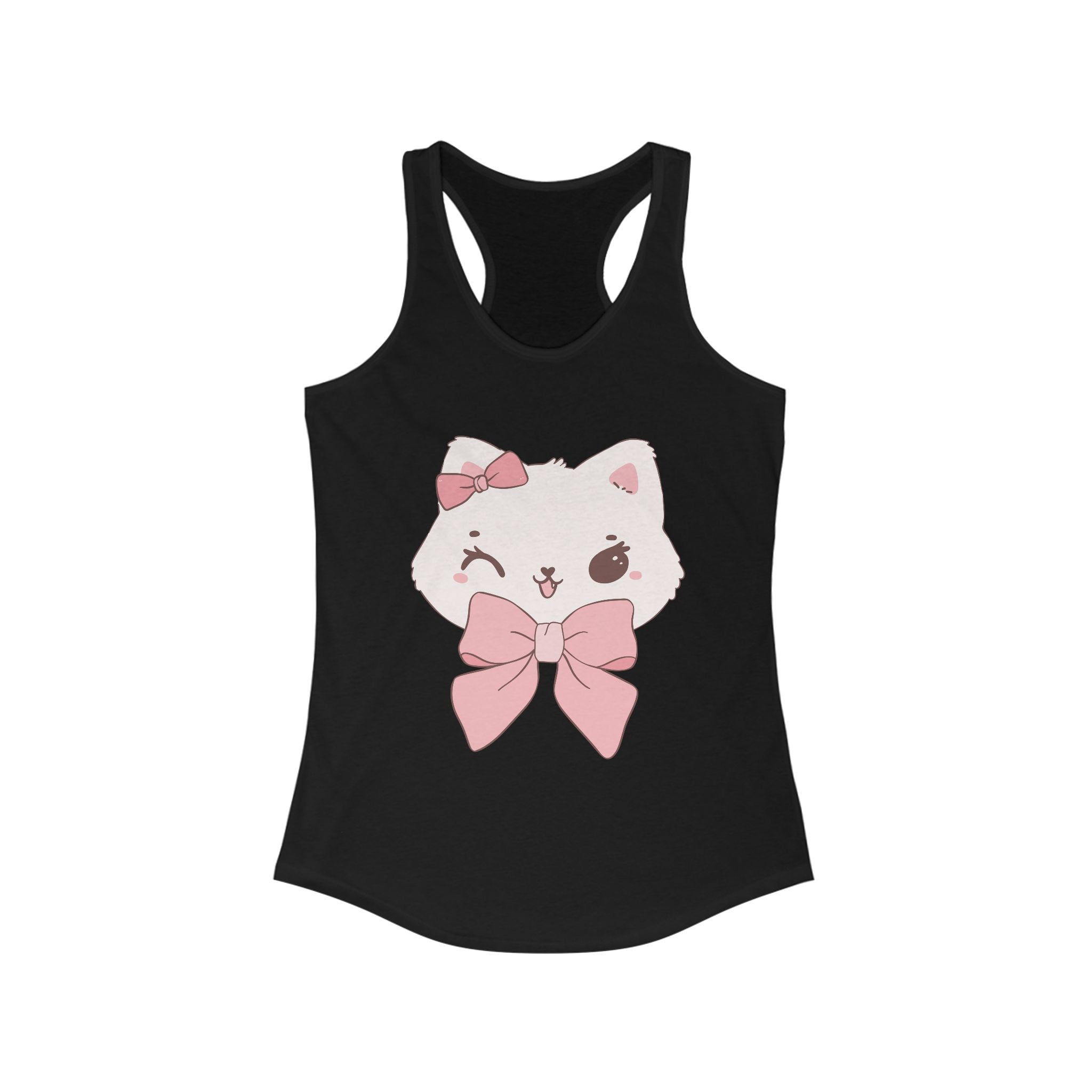 Solid Black tank top with a white cat face design featuring pink bows on a white background