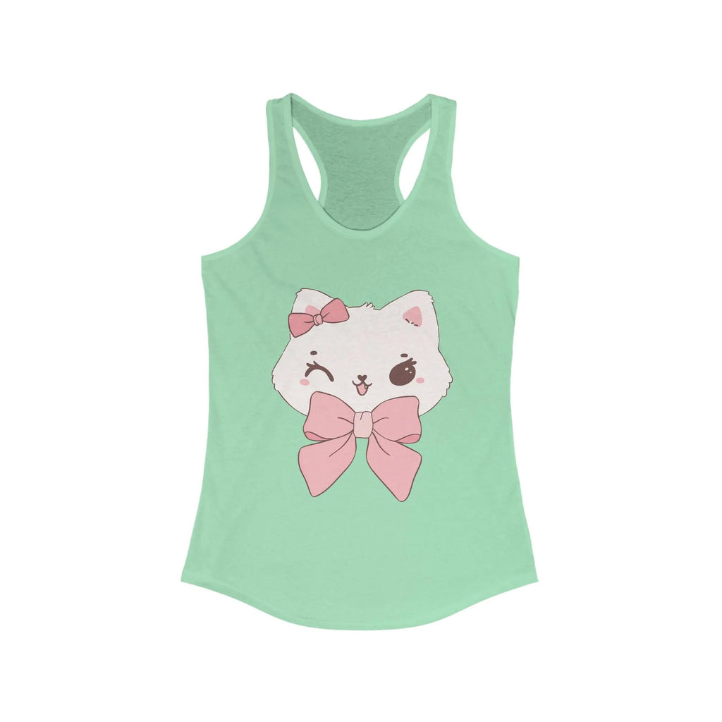 Solid Mint tank top with a white cat design wearing a pink bow on a white background
