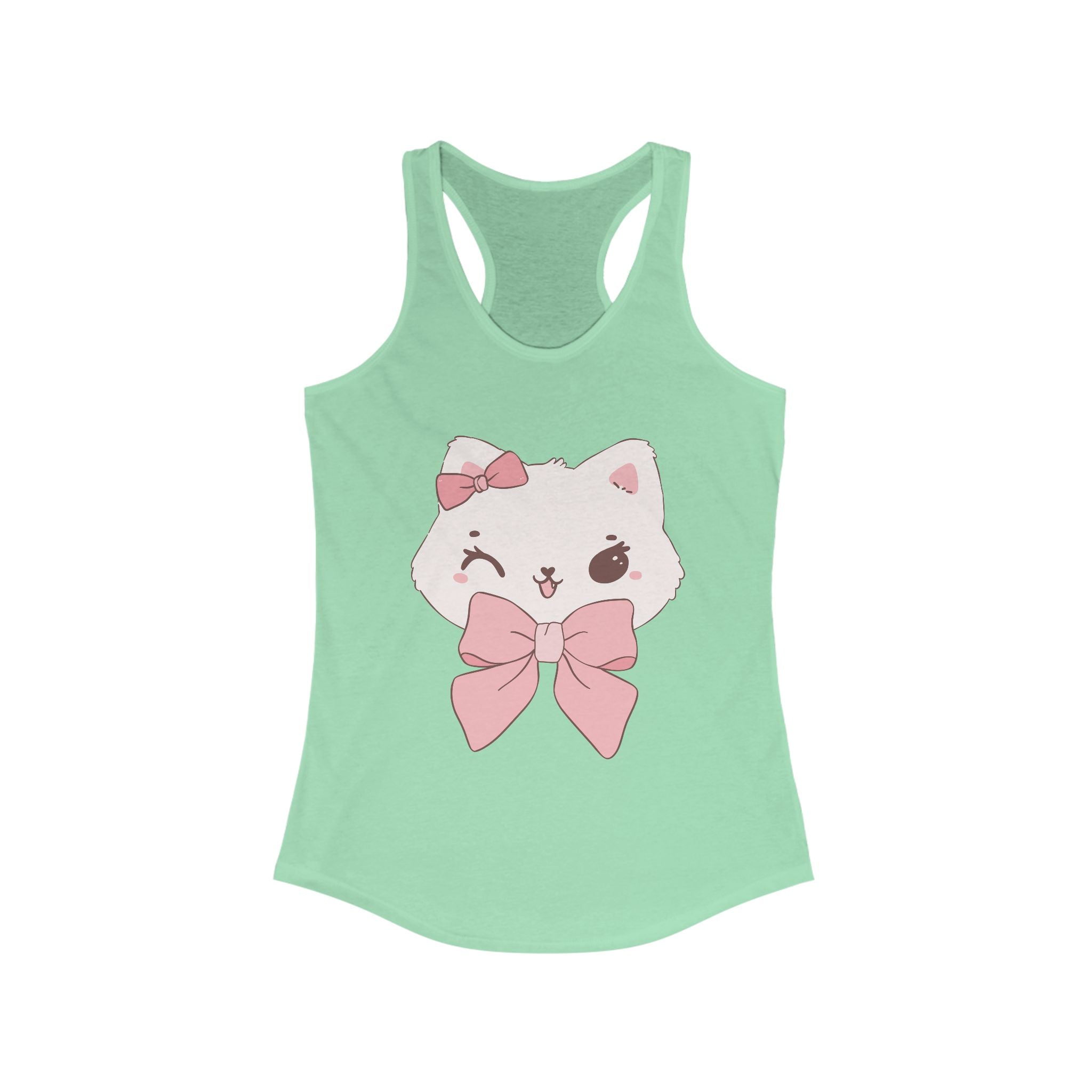 Solid Mint tank top with a white cat design wearing a pink bow on a white background