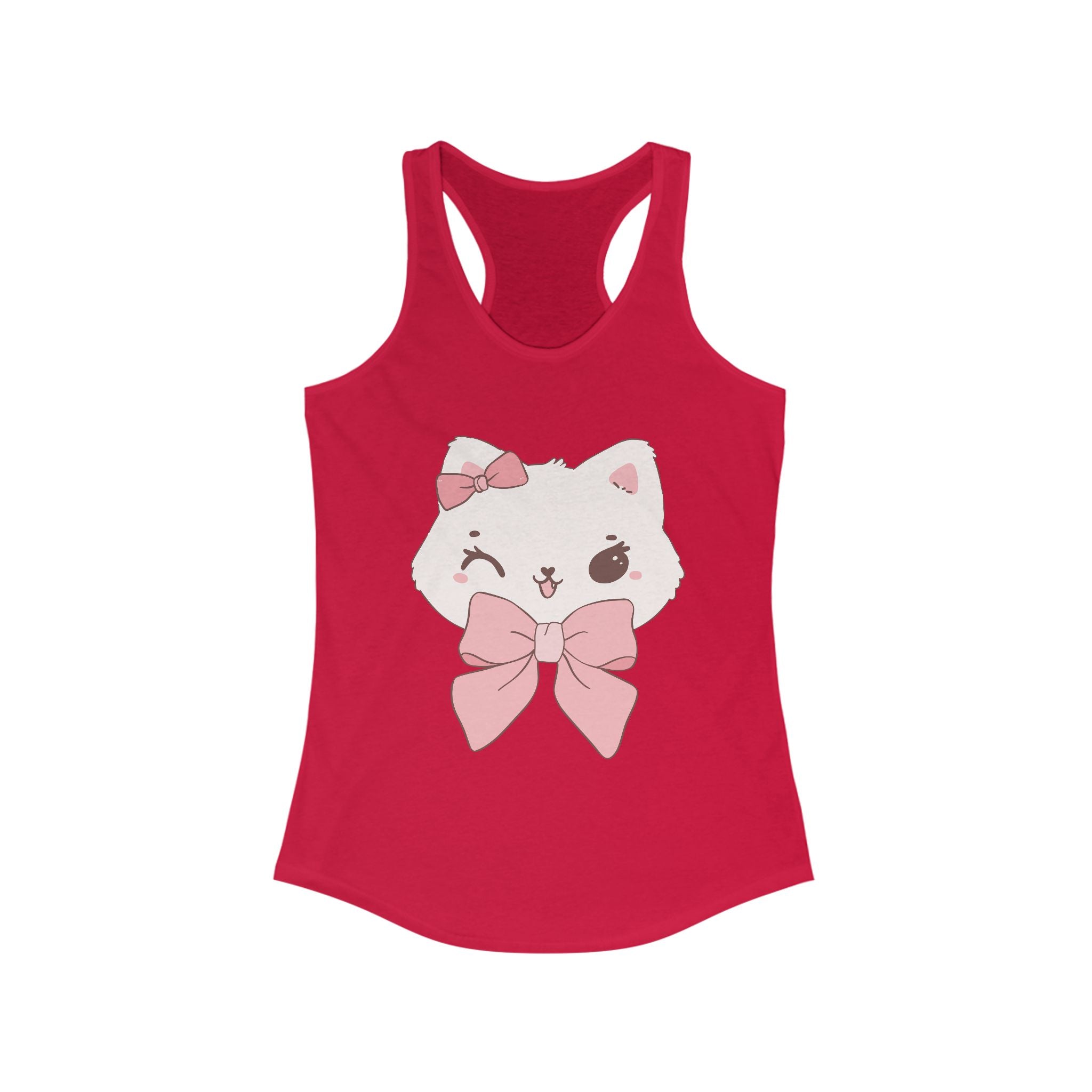 Solid Red tank top with a white cat design wearing a pink bow on a white background