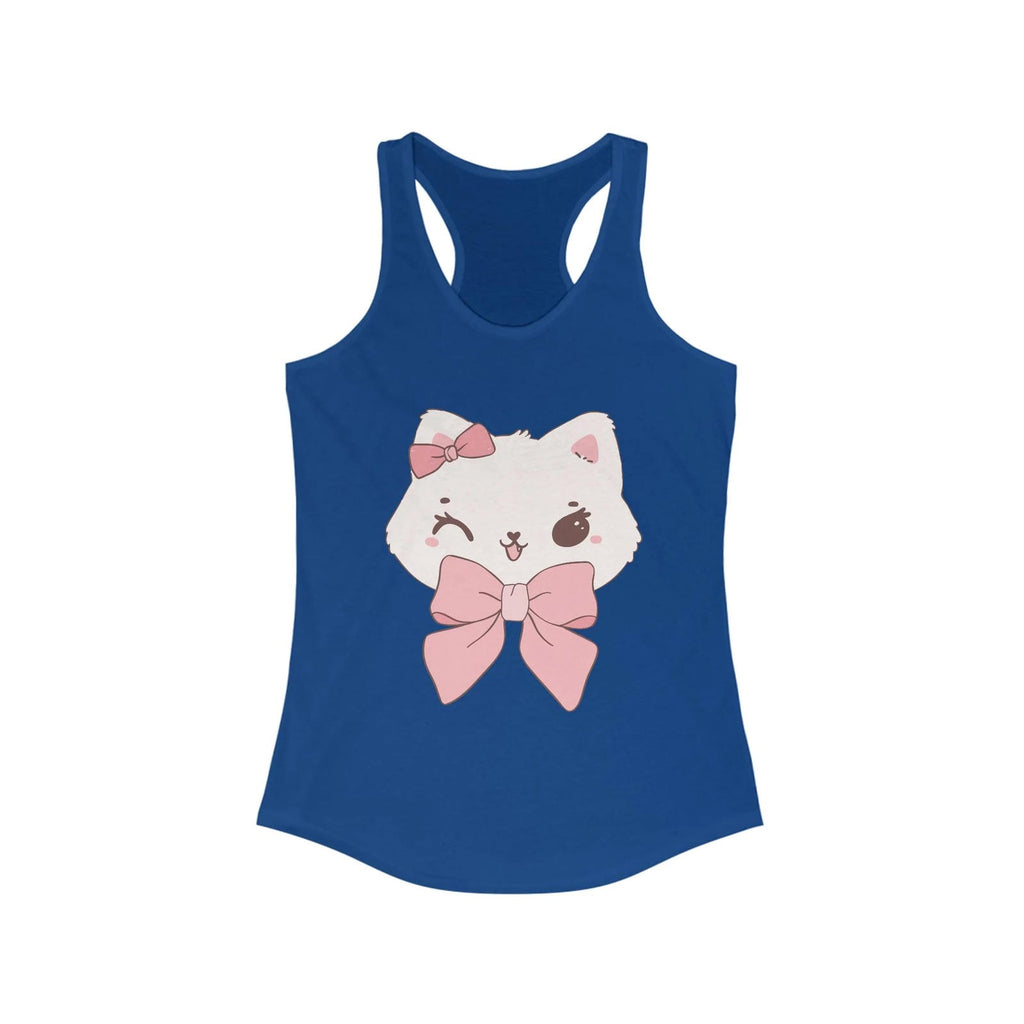 Solid Royal tank top with a white cat design wearing pink bows on a white background