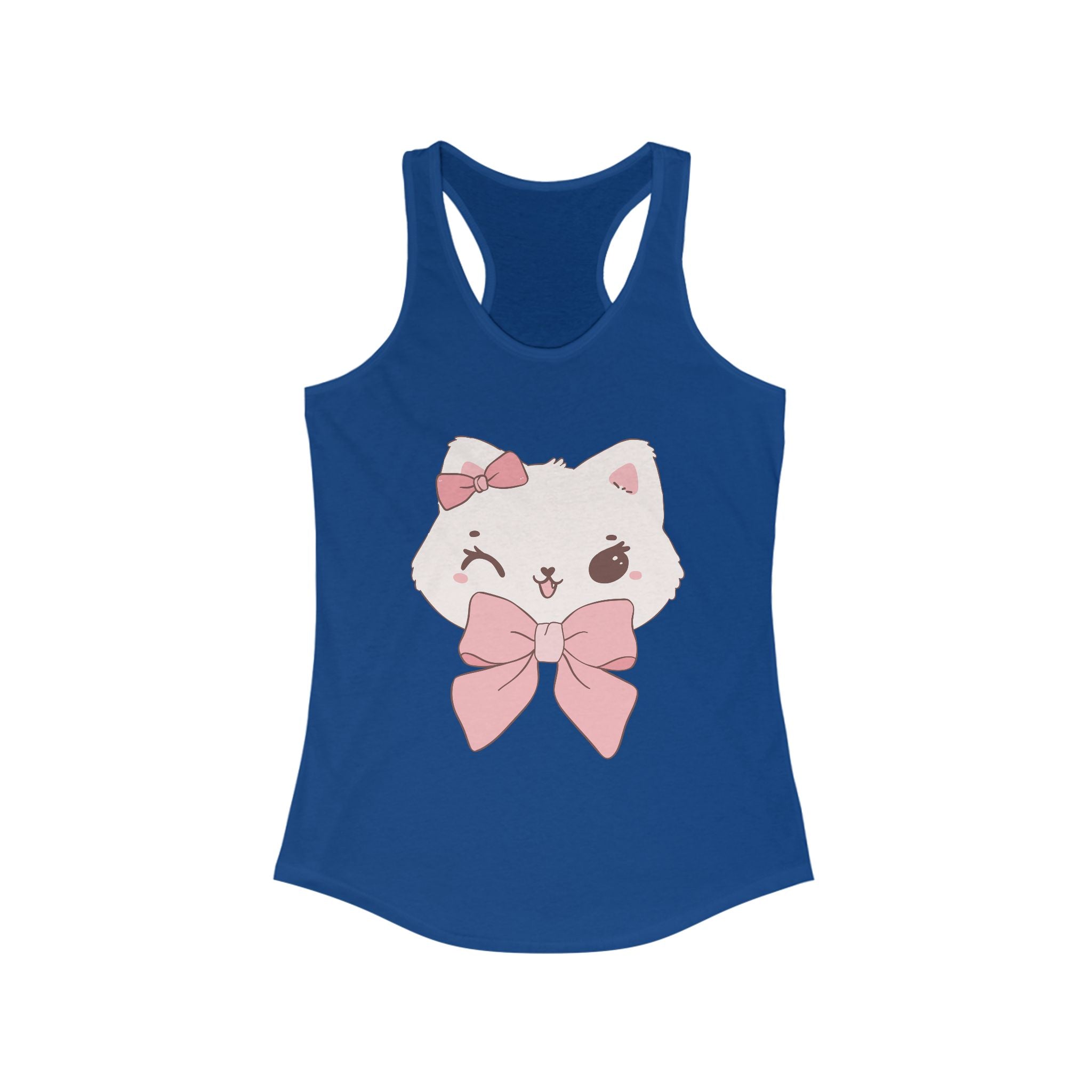Solid Royal tank top with a white cat design wearing pink bows on a white background