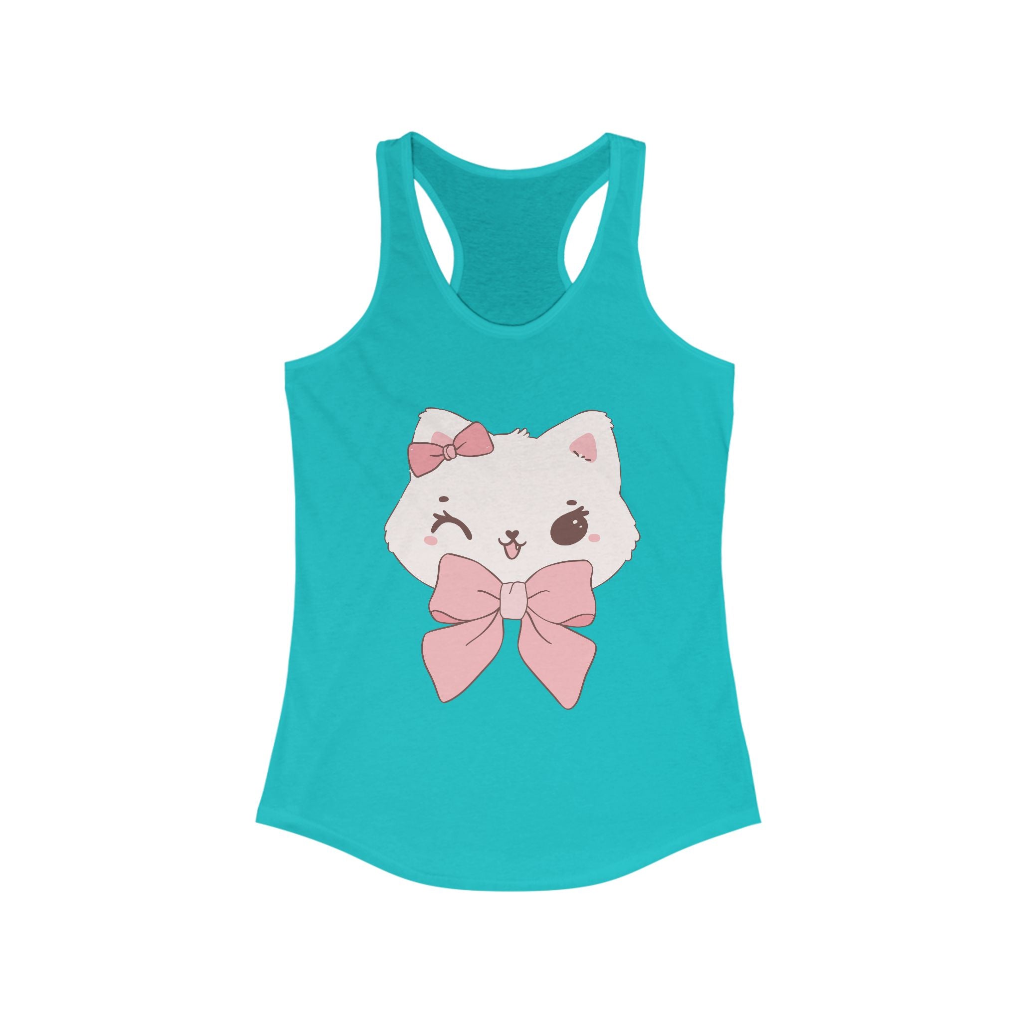 Tahiti blue tank top with a white cat design wearing a pink bow on a white background