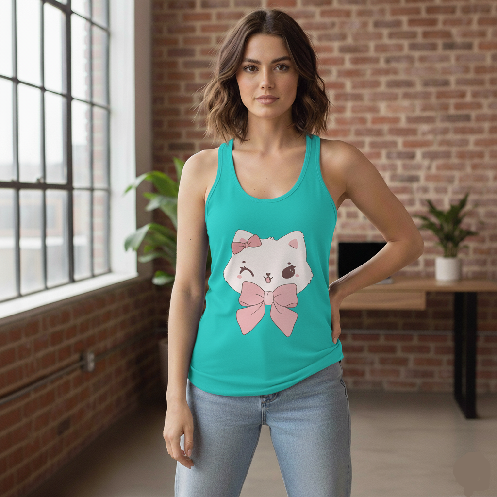 Woman wearing a tahiti Blue tank top with a cat graphic in an indoor setting