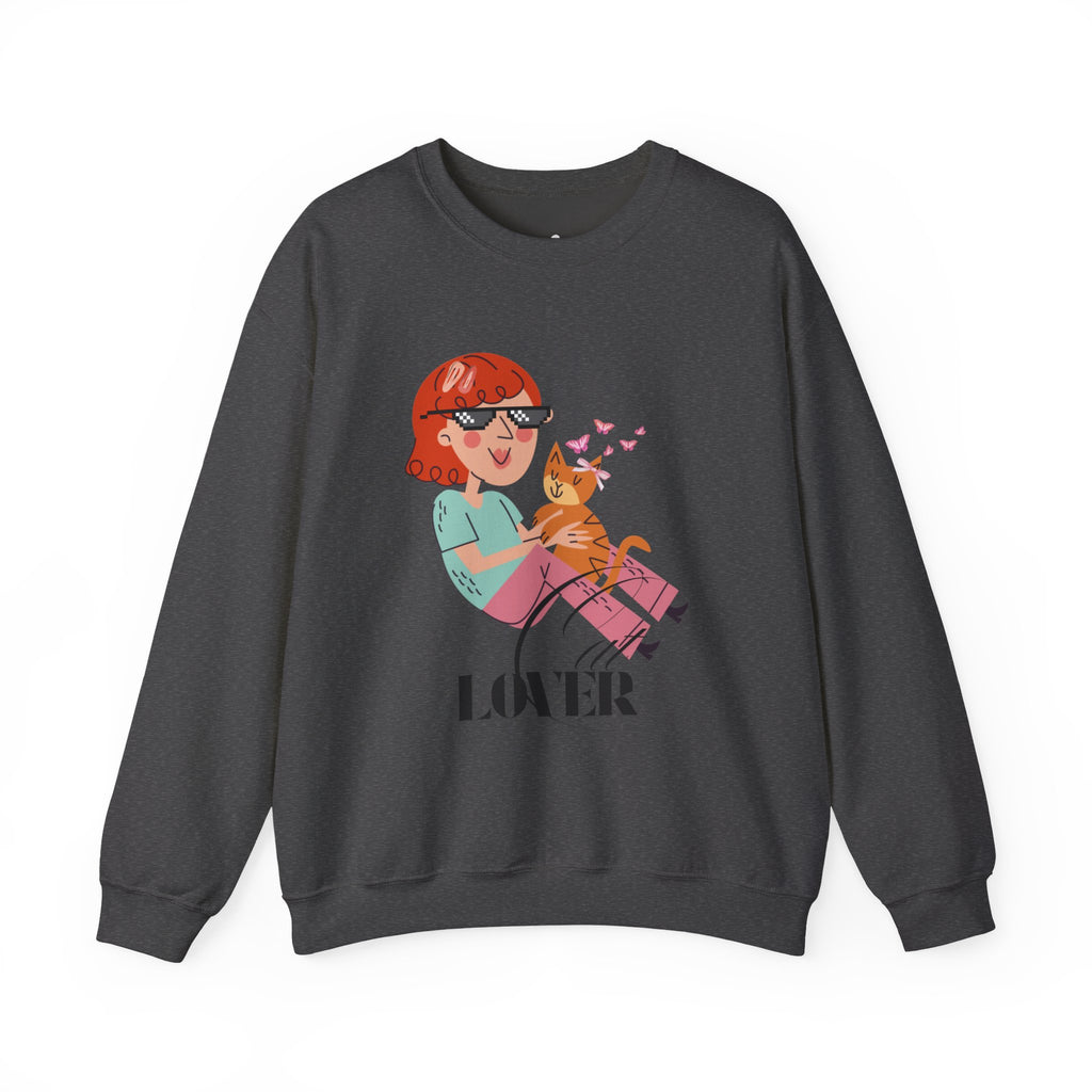 Dark gray sweatshirt with a graphic of a person and cat, labeled 'Cat LOVER', on a white background.