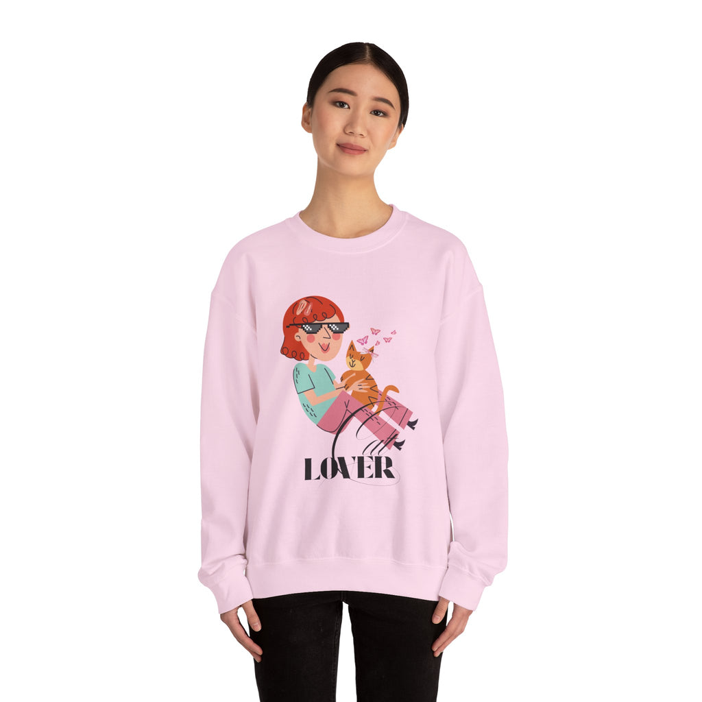 Person wearing a Light pink sweatshirt with a graphic design and the word 'Cat LOVER' on a white background