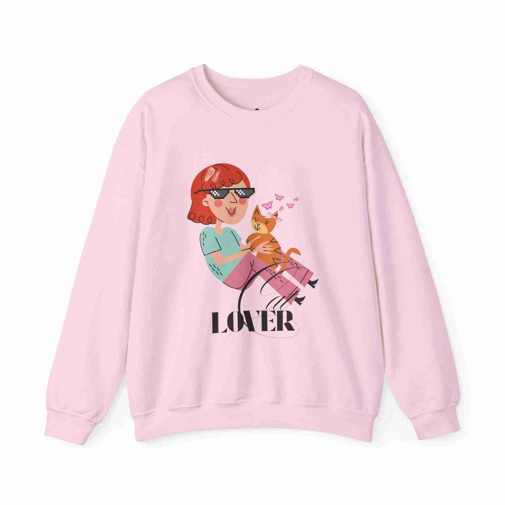 Light Pink sweatshirt with a graphic of a person and cat, and the word 'Cat LOVER' on a white background.