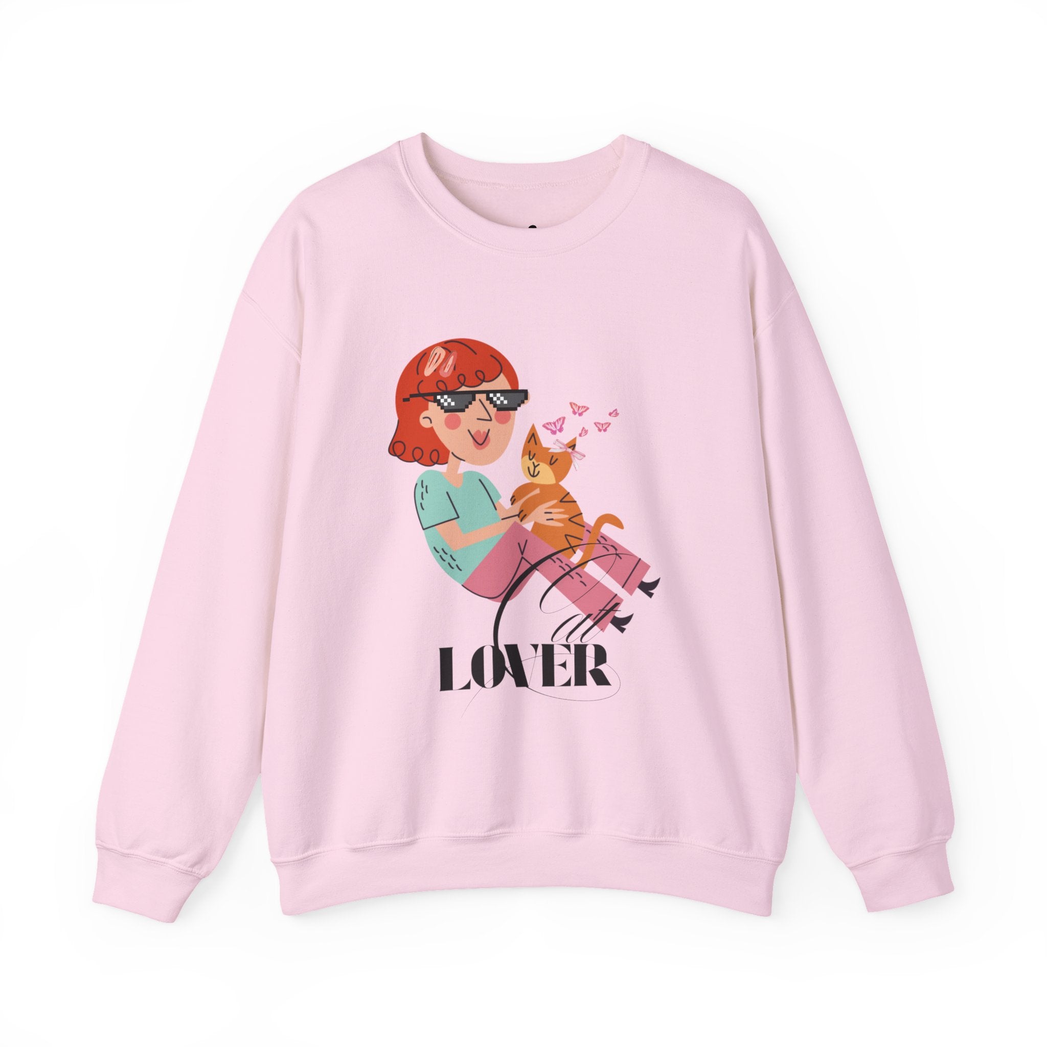 Light Pink sweatshirt with a graphic of a person and cat, and the word 'Cat LOVER' on a white background.