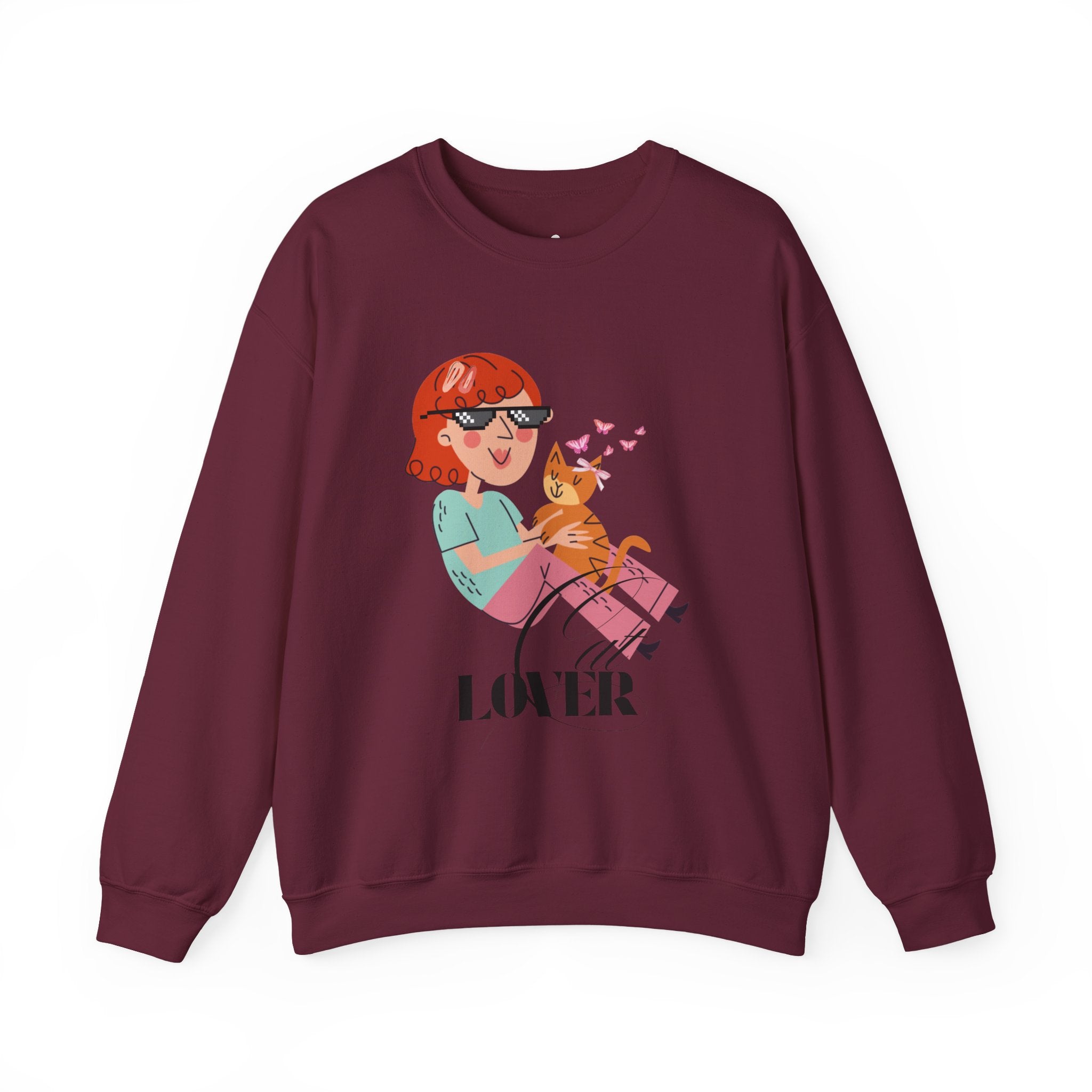 Maroon sweatshirt with a graphic of a person with red hair and sunglasses holding a cat, with 'Cat LOVER' text below on a white background.