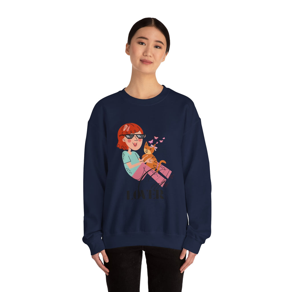 Navy sweatshirt with a graphic design of a person and a cat on a white background