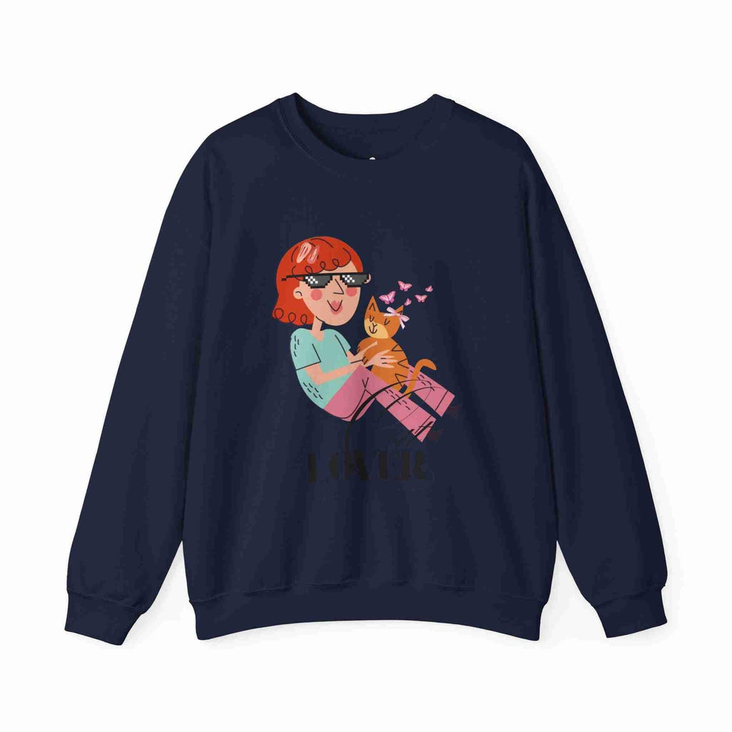 Navy sweatshirt with a graphic of a person with red hair and sunglasses holding a cat on a white background