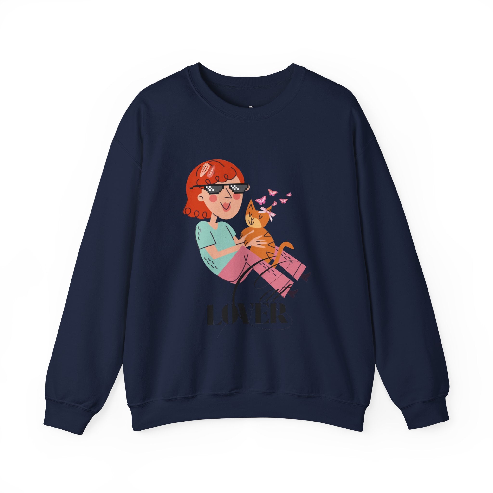 Navy sweatshirt with a graphic of a person with red hair and sunglasses holding a cat on a white background