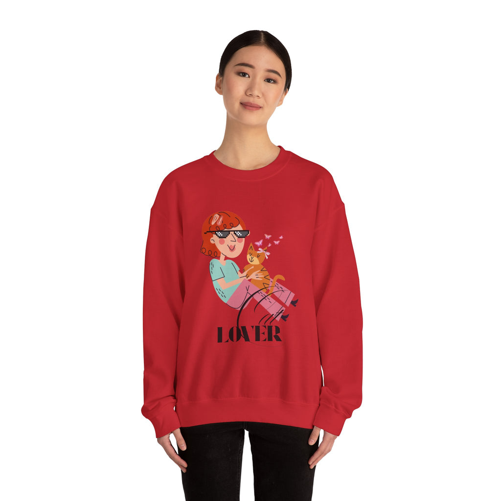 Red sweatshirt with a graphic design of a woman and a cat, and the word 'Cat LOVER' on a white background.