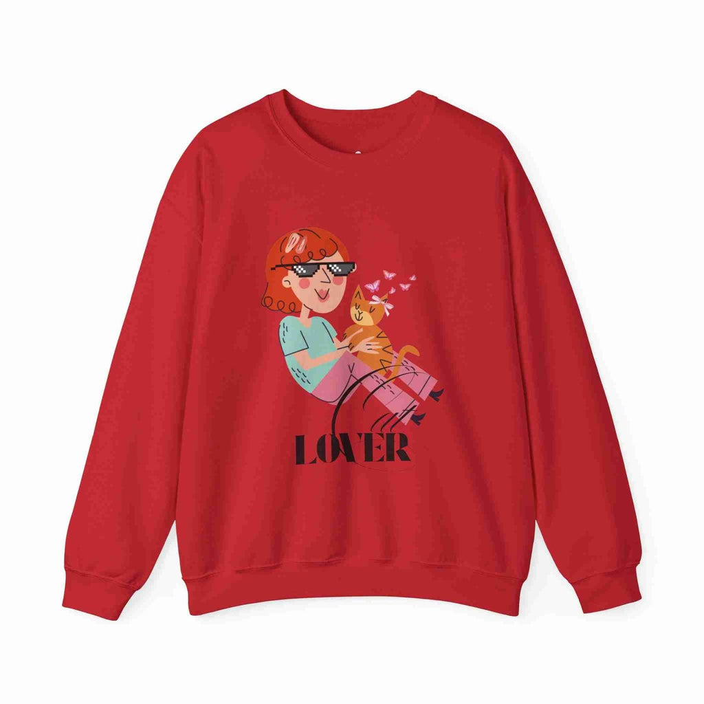 Red sweatshirt with a graphic of a woman and cat, and the word 'Cat LOVER' on a white background.