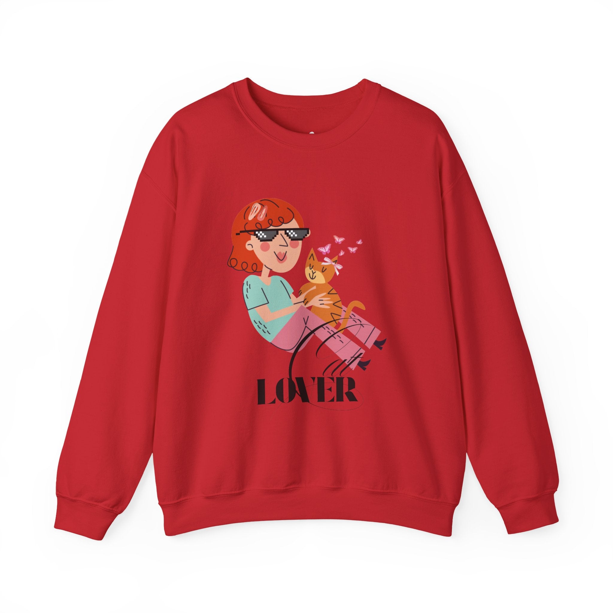 Red sweatshirt with a graphic of a woman and cat, and the word 'Cat LOVER' on a white background.
