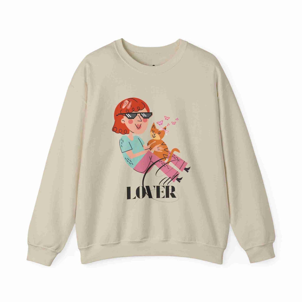 Sand sweatshirt with a graphic of a person and cat, and the word 'Cat LOVER' on a white background.