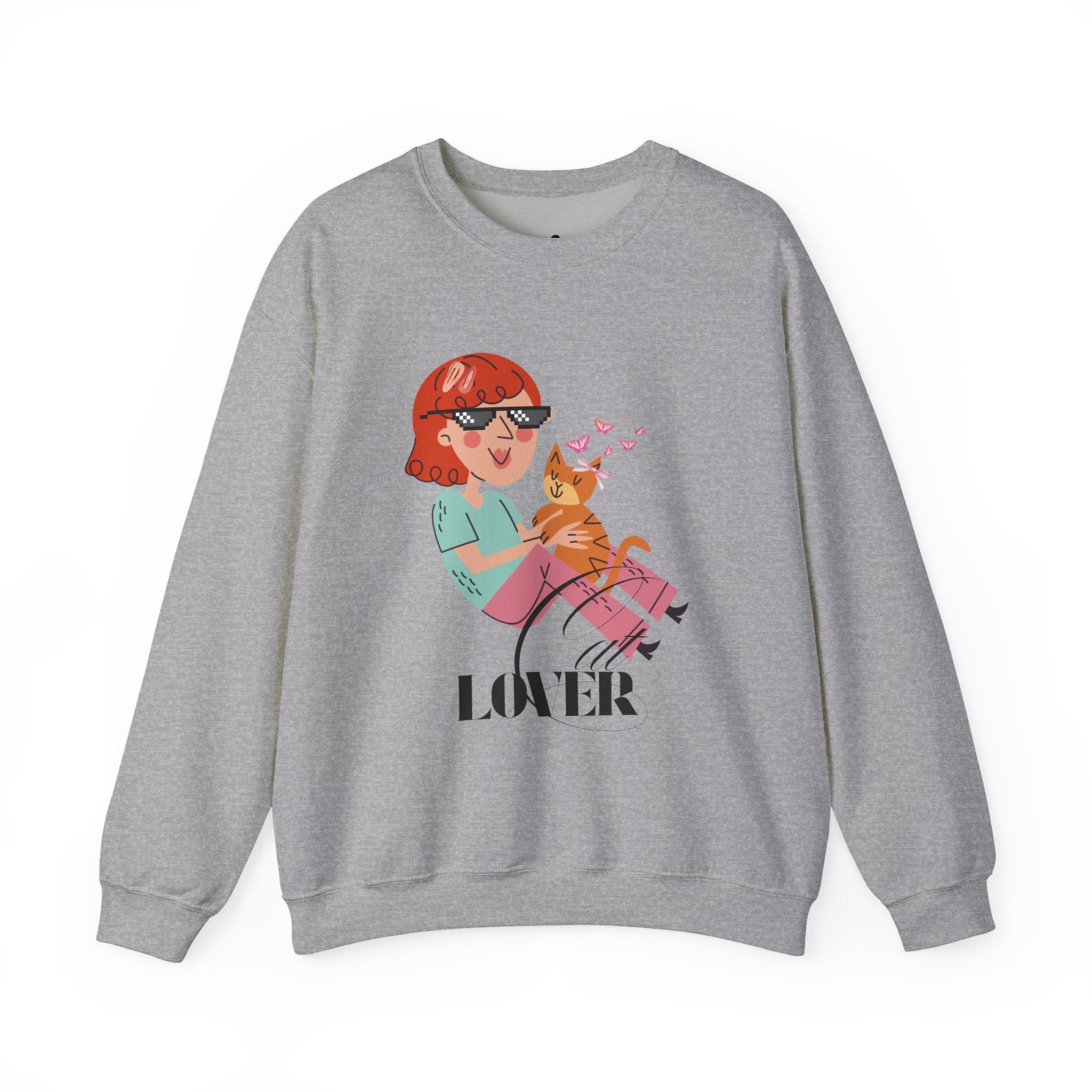 Sport Grey sweatshirt with a graphic of a person holding a cat and the word 'Cat LOVER' on a white background