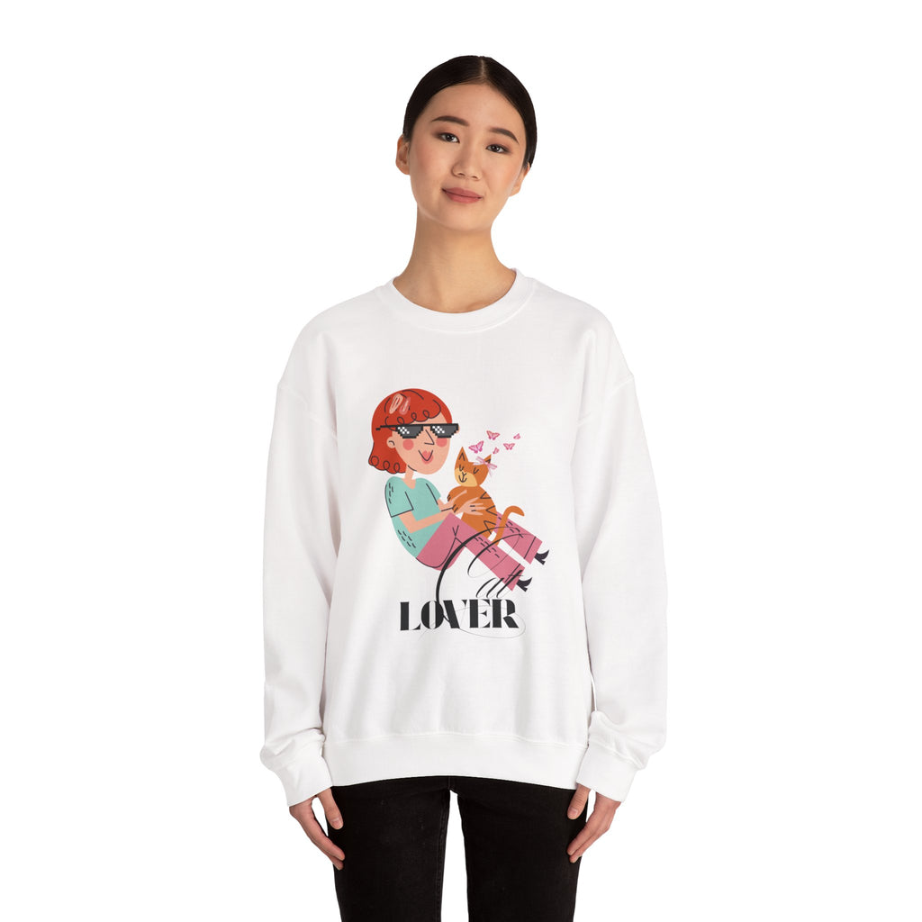White sweatshirt with a graphic design of a woman and cat, labeled 'Cat LOVER', worn by a model on a white background.