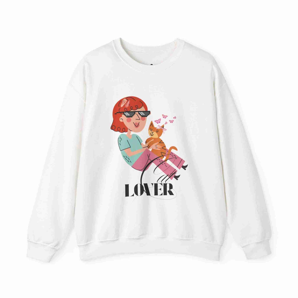 White sweatshirt with a graphic of a person and cat, and the word 'Cat LOVER' on a white background.