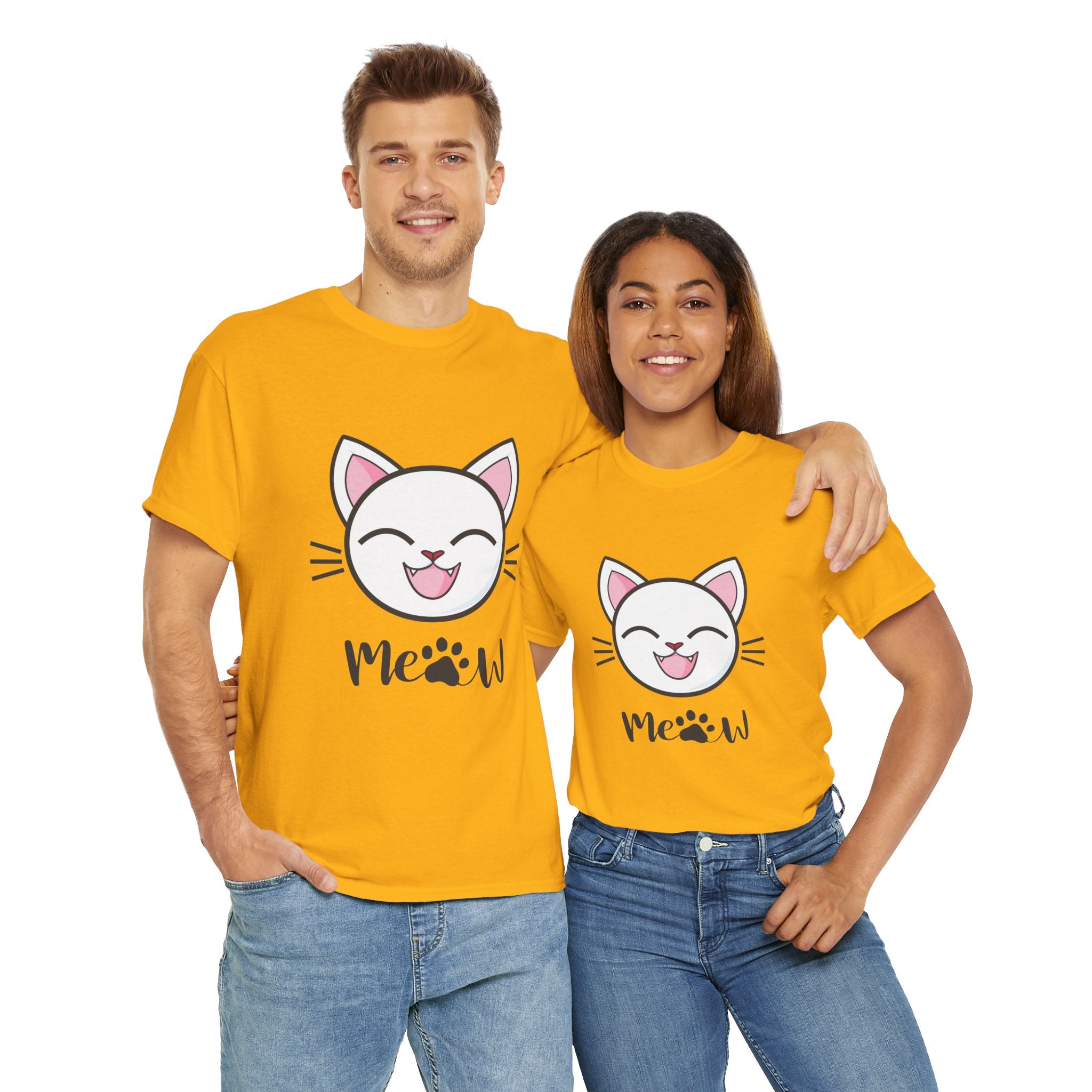 Two people wearing Gold t-shirts with cat illustrations and 'Meow' text on a white background.