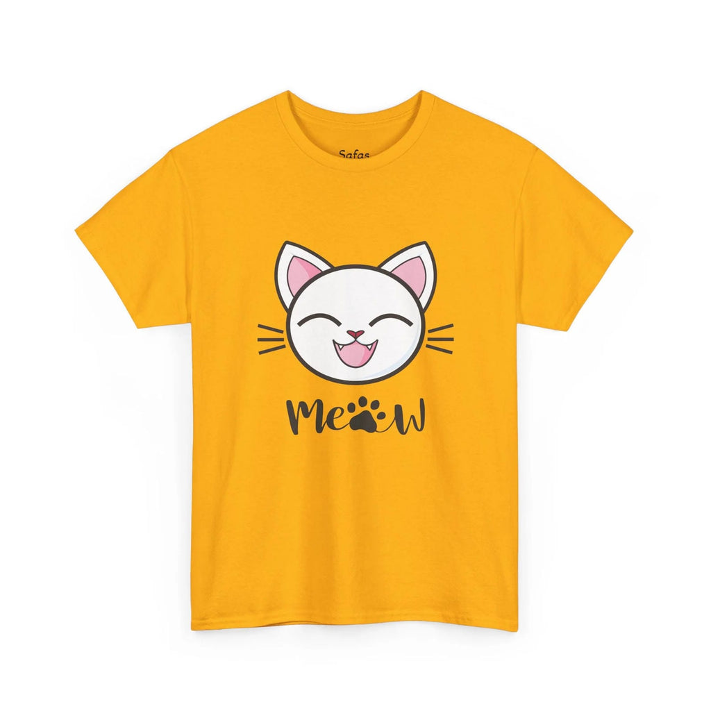 Gold t-shirt with a cat graphic and 'Meow' text on a white background