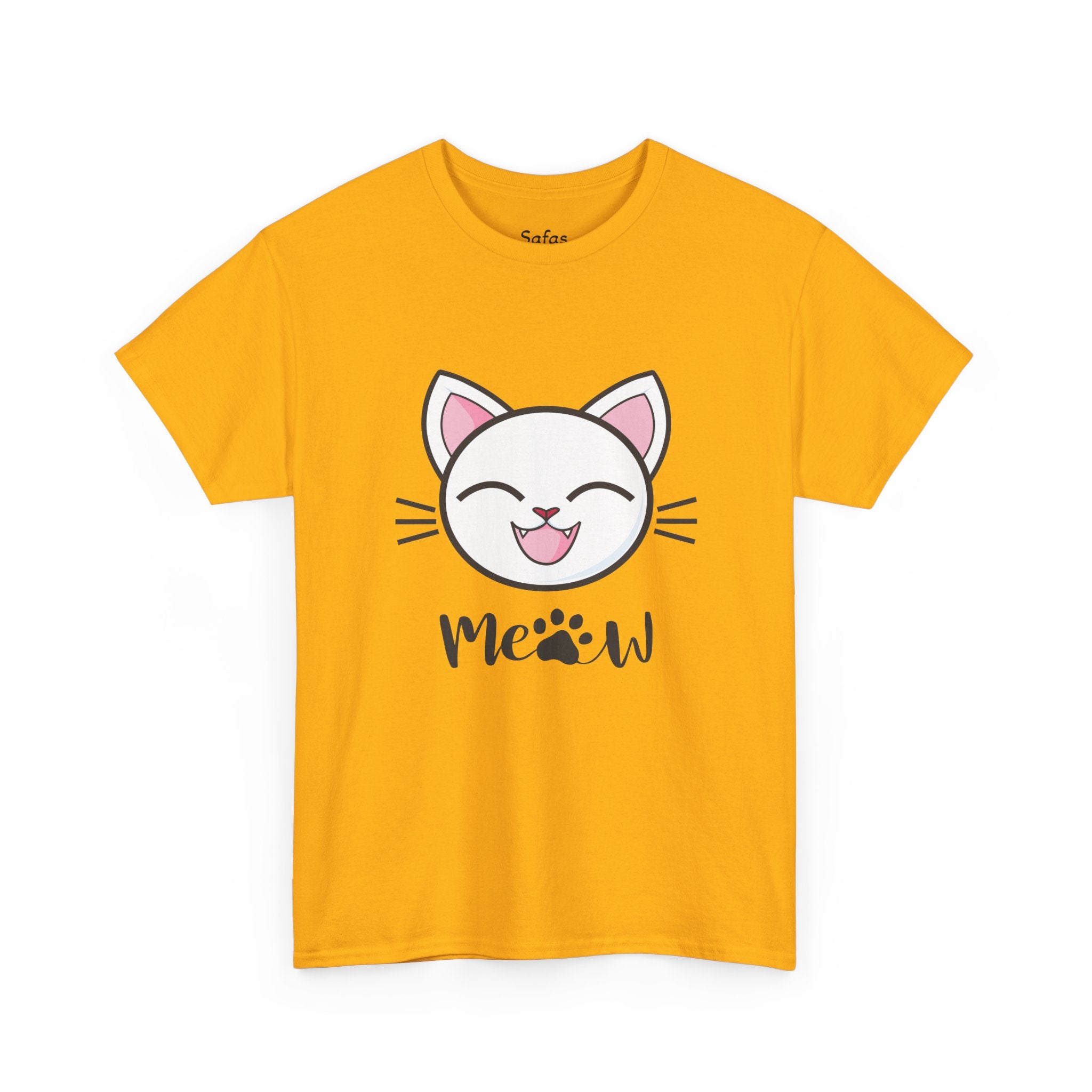 Gold t-shirt with a cat graphic and 'Meow' text on a white background