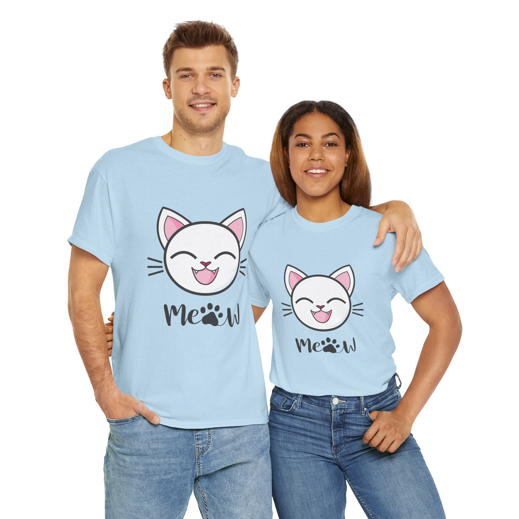 Two people wearing light blue t-shirts with a cat graphic and 'Meow' text on a white background.