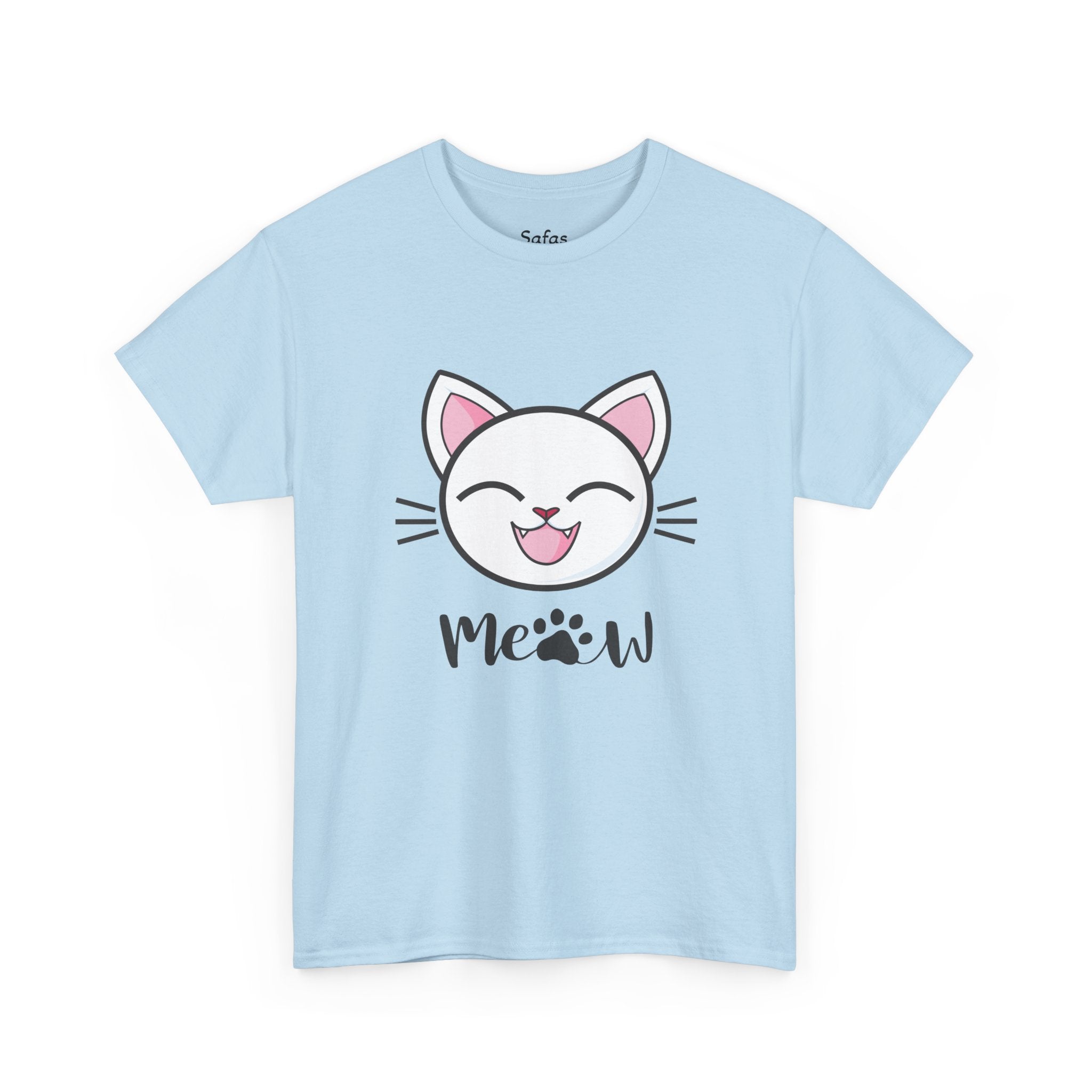 Light blue t-shirt with a cat graphic and 'Meow' text on a white background
