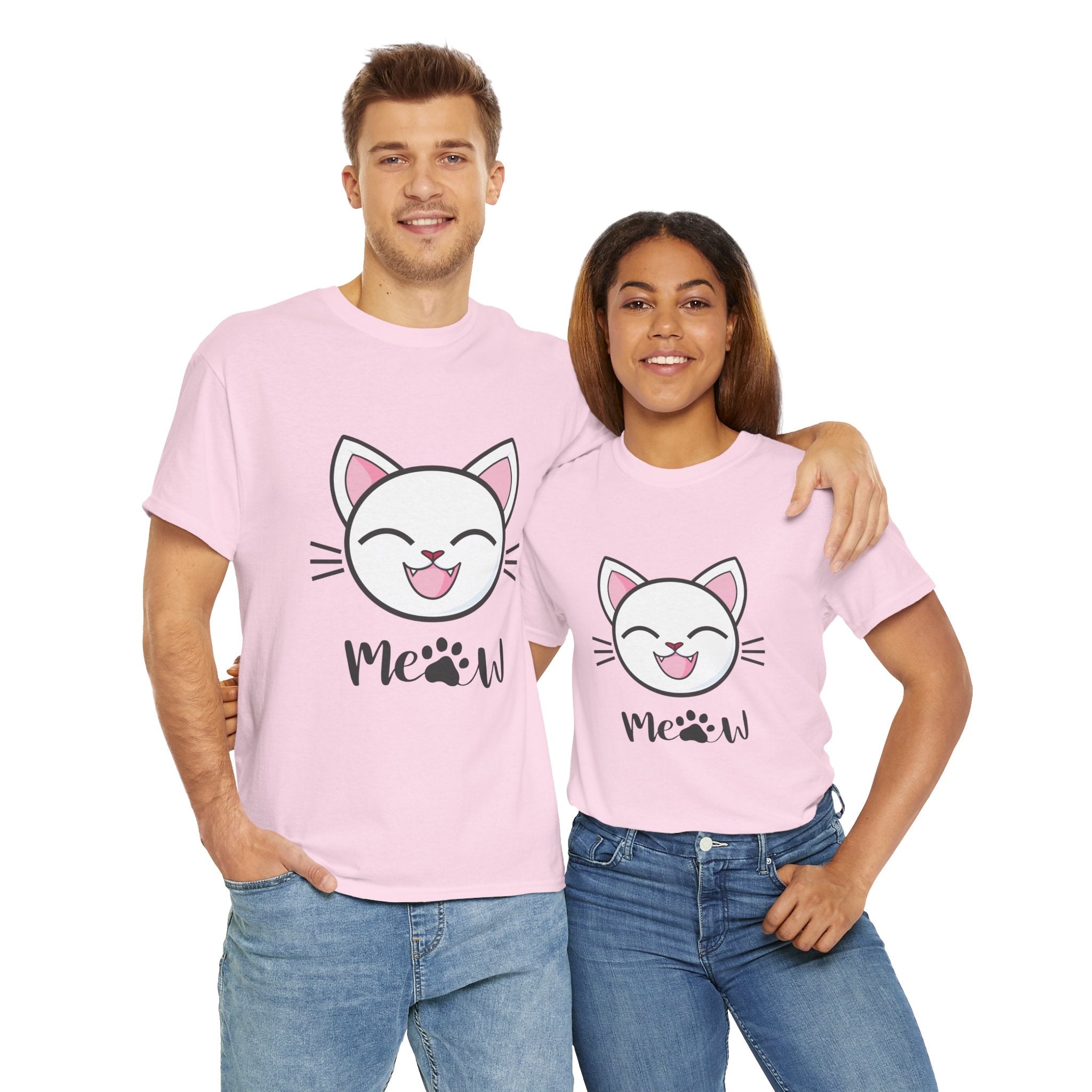 Two people wearing Light pink t-shirts with a cat graphic and 'Meow' text on a white background.