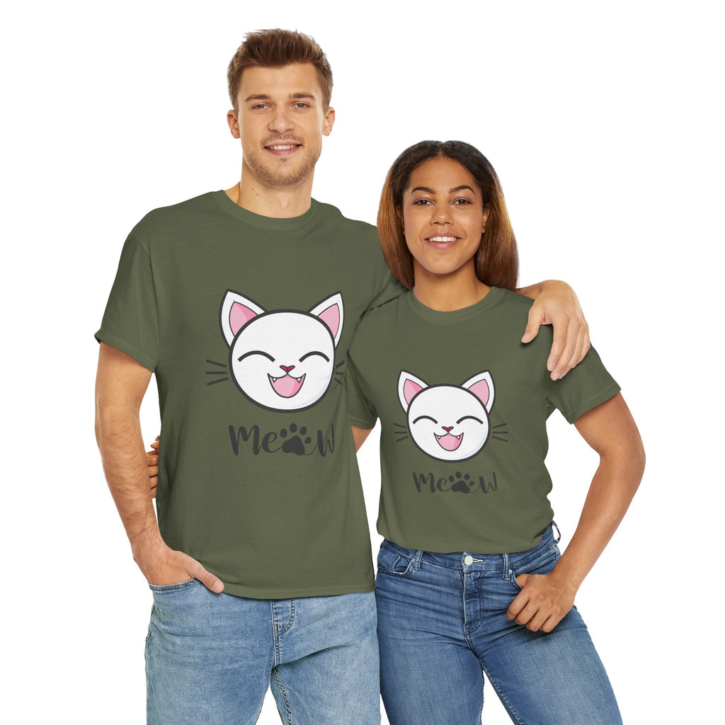 Two people wearing Military green t-shirts with a cat graphic and 'Meow' text on a white background.
