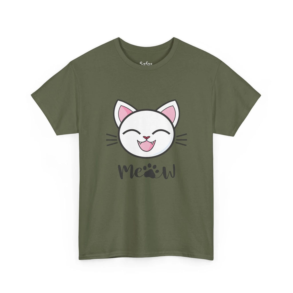 Military Green t-shirt with a cat graphic and 'Meow' text on a white background