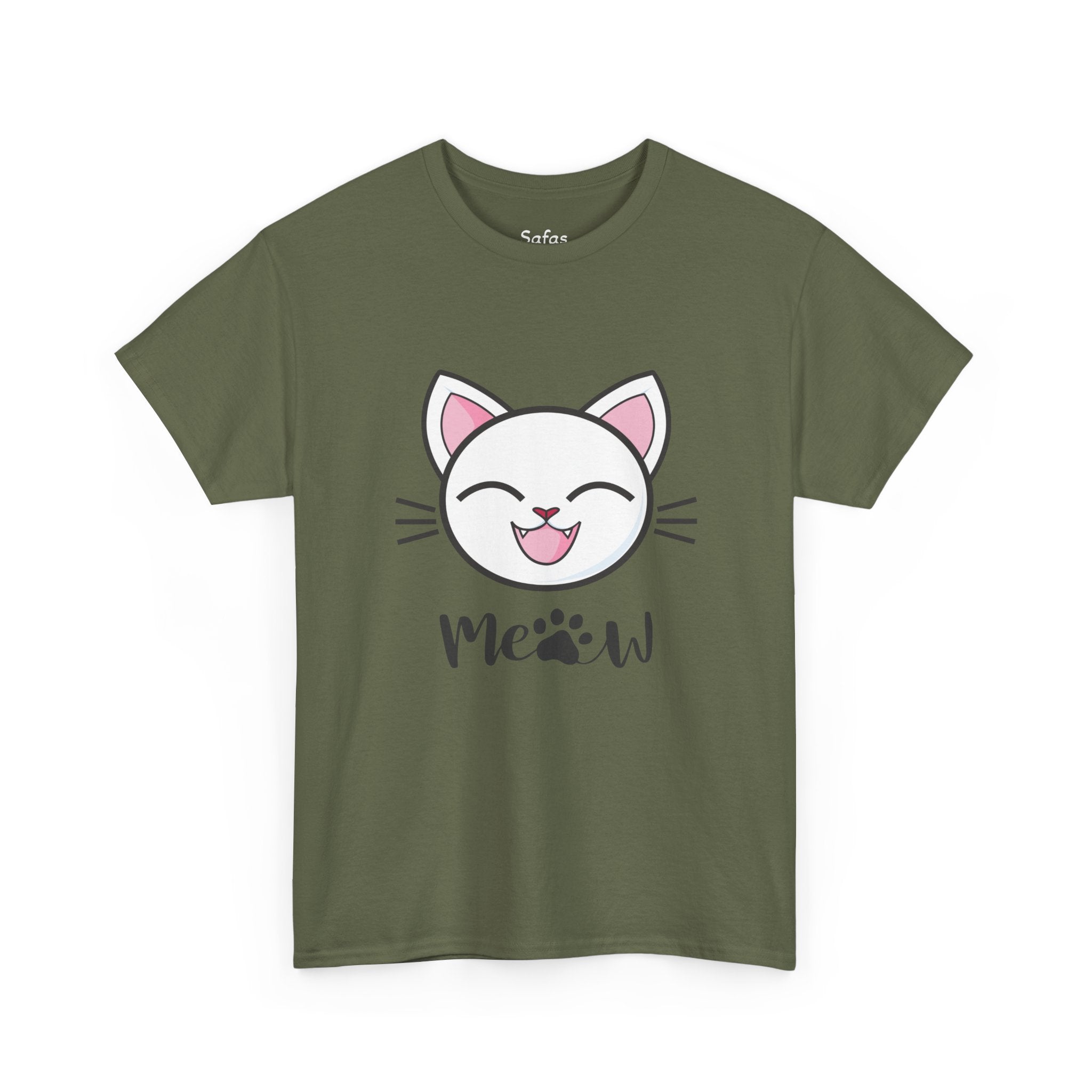 Military Green t-shirt with a cat graphic and 'Meow' text on a white background