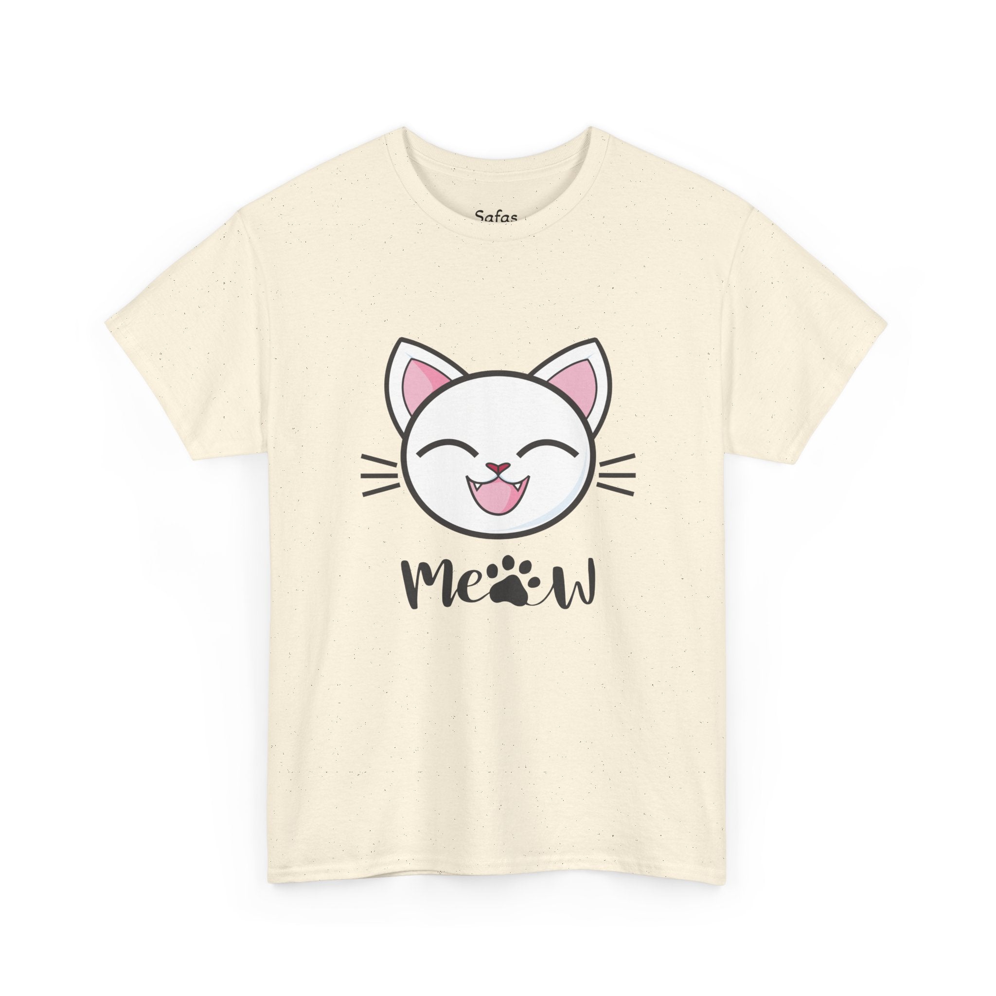 Natural t-shirt with a cartoon cat face and 'Meow' text on a white background