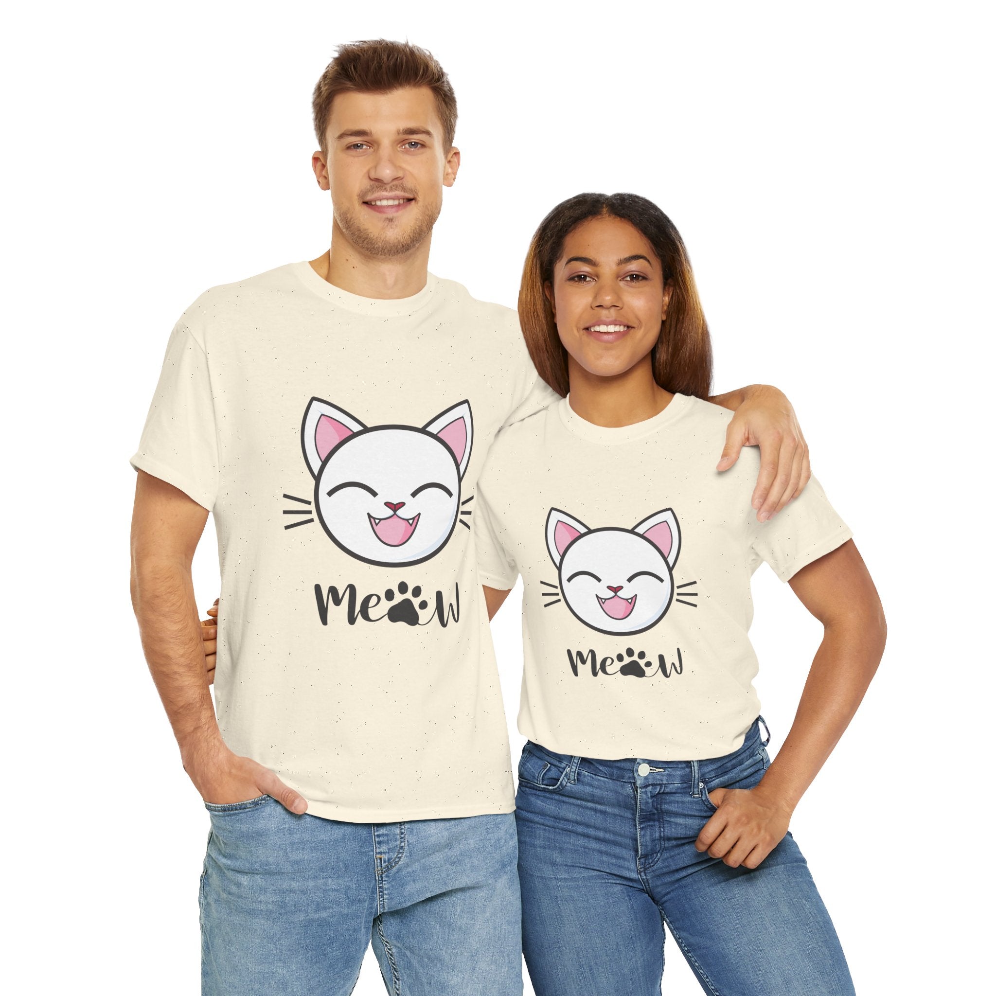 Two people wearing Natural t-shirts with a cartoon cat design and 'Meow' text.