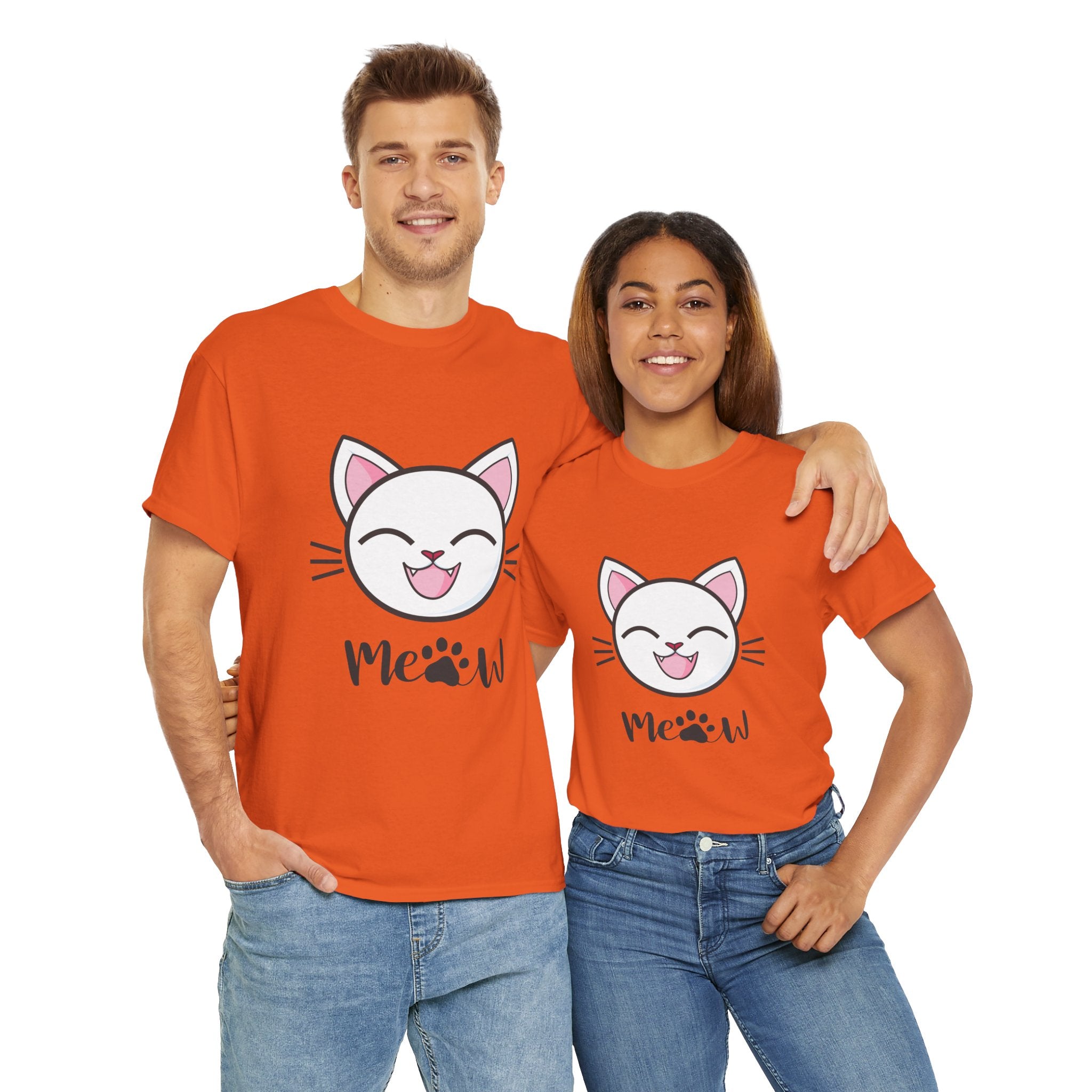 Two people wearing orange t-shirts with cat illustrations and 'Meow' text.
