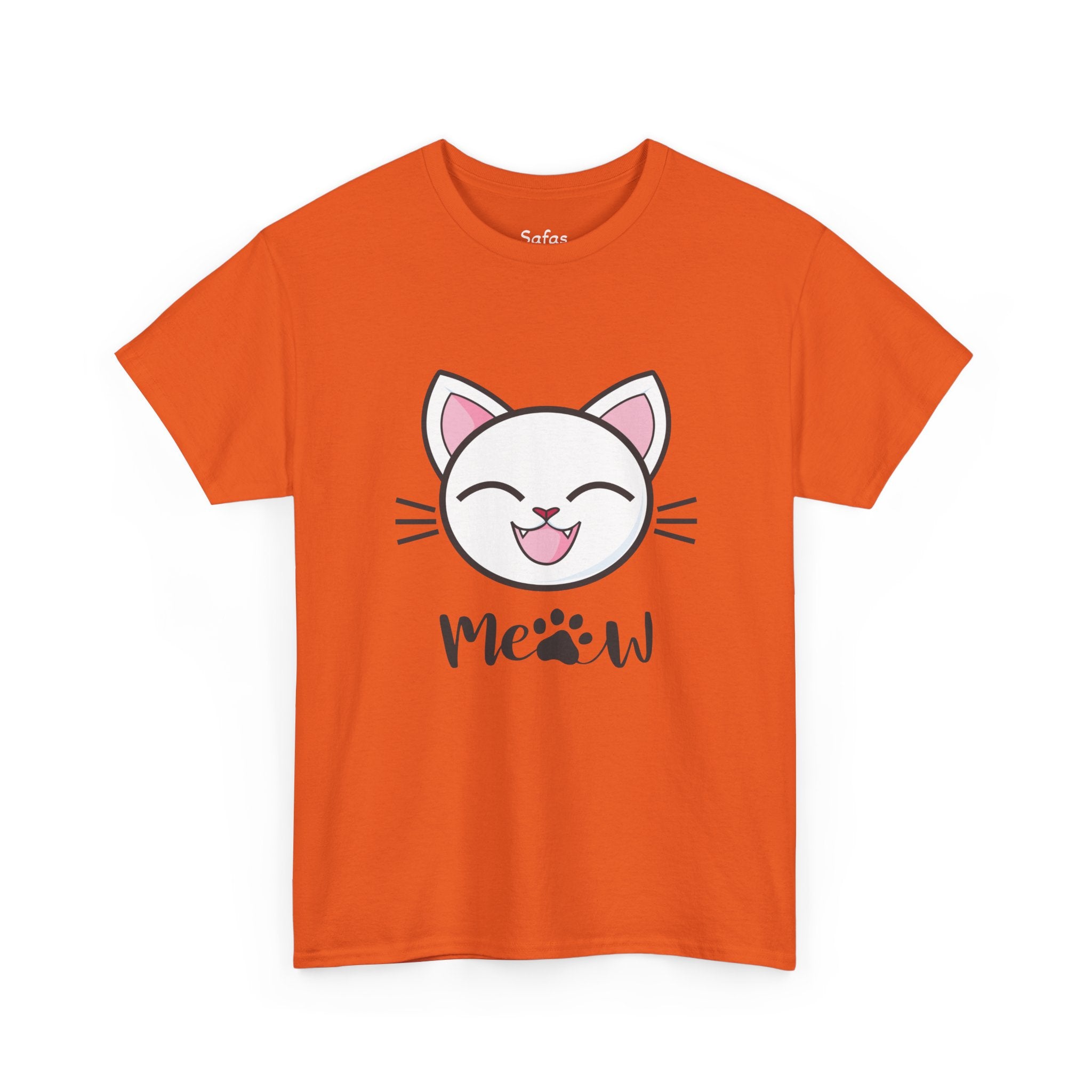 Orange t-shirt with a cat graphic and 'Meow' text on a white background