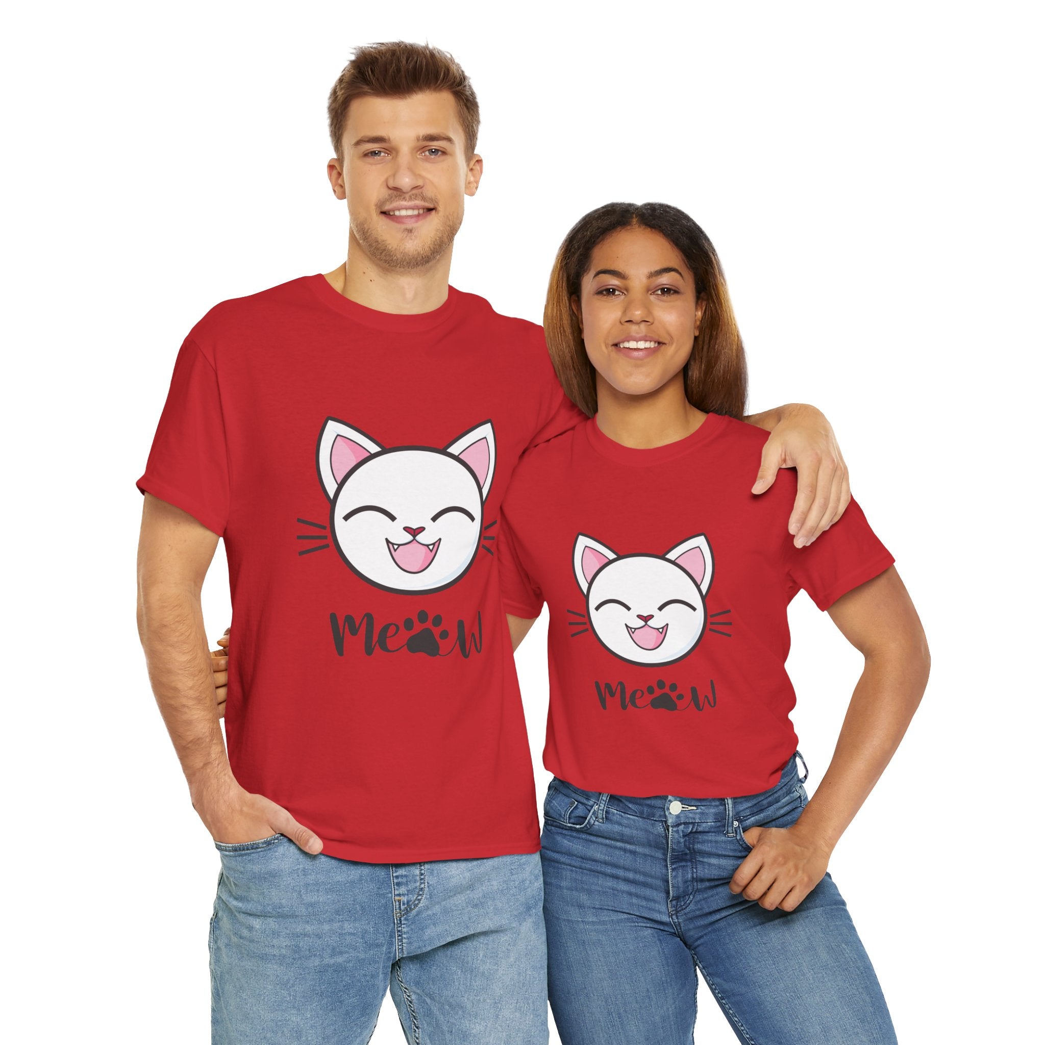 Two people wearing red t-shirts with cat graphics and 'Meow' text on a white background.