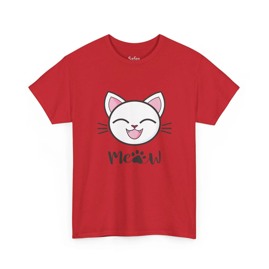 Red t-shirt with a cat graphic and 'Meow' text on a white background