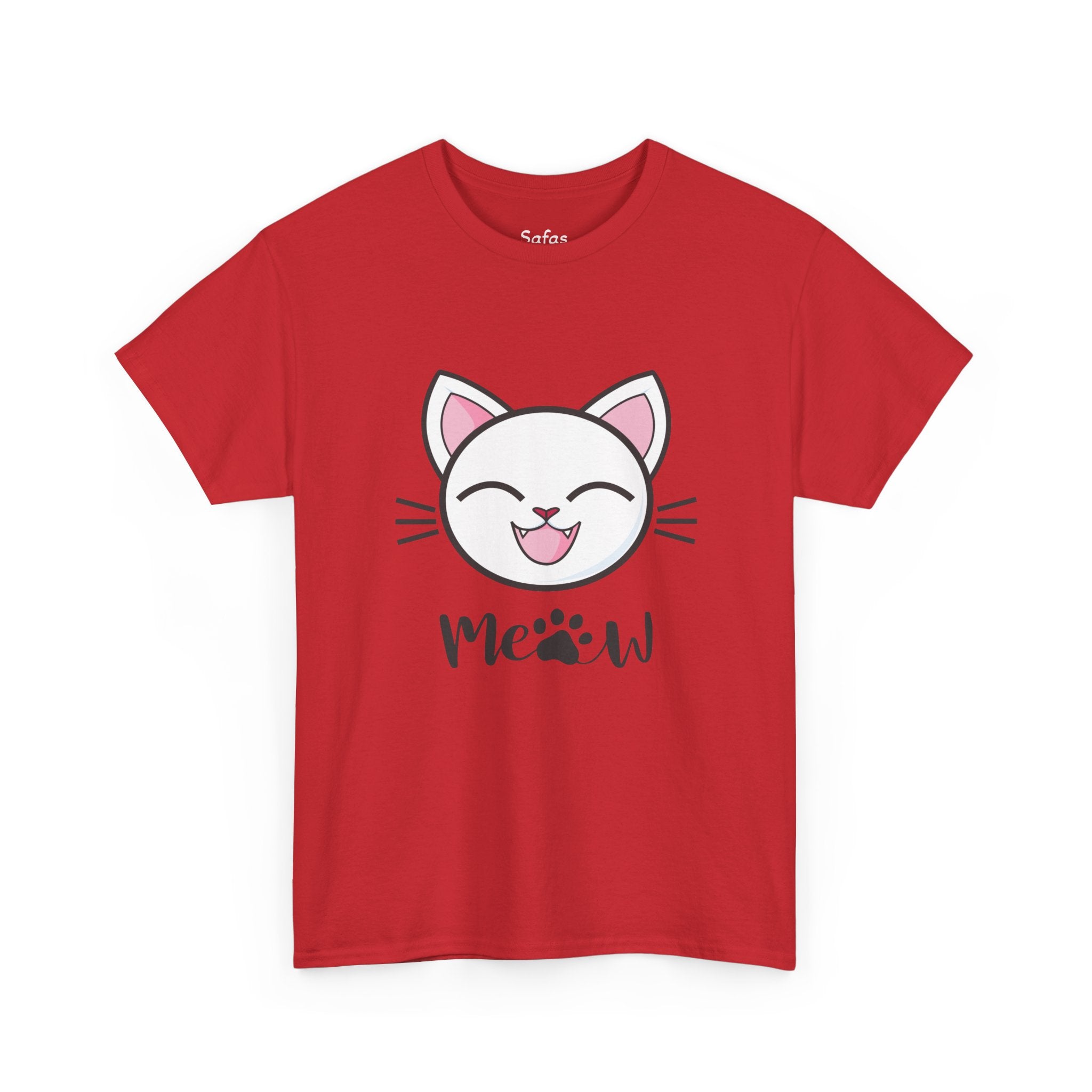 Red t-shirt with a cat graphic and 'Meow' text on a white background