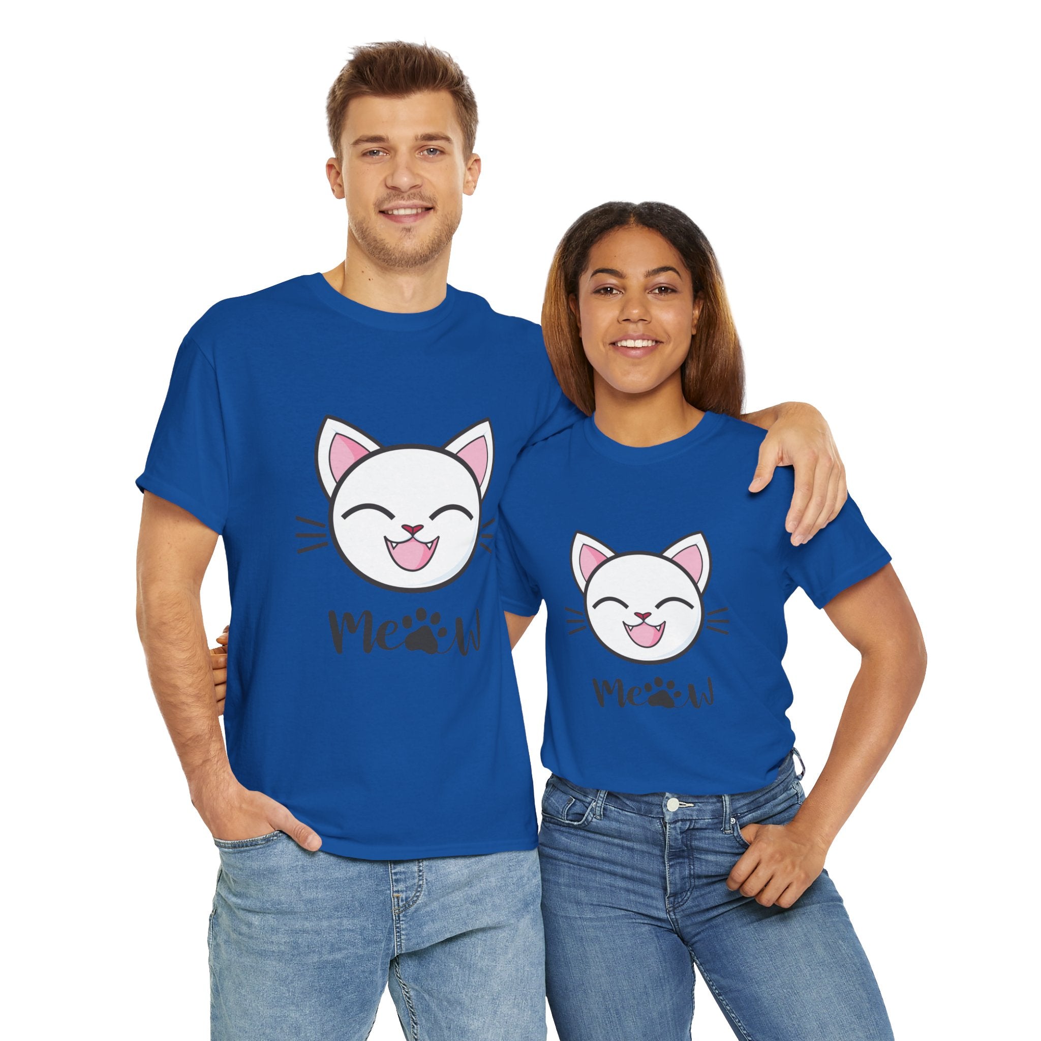 Two people wearing Royal t-shirts with a cat graphic and text on a white background