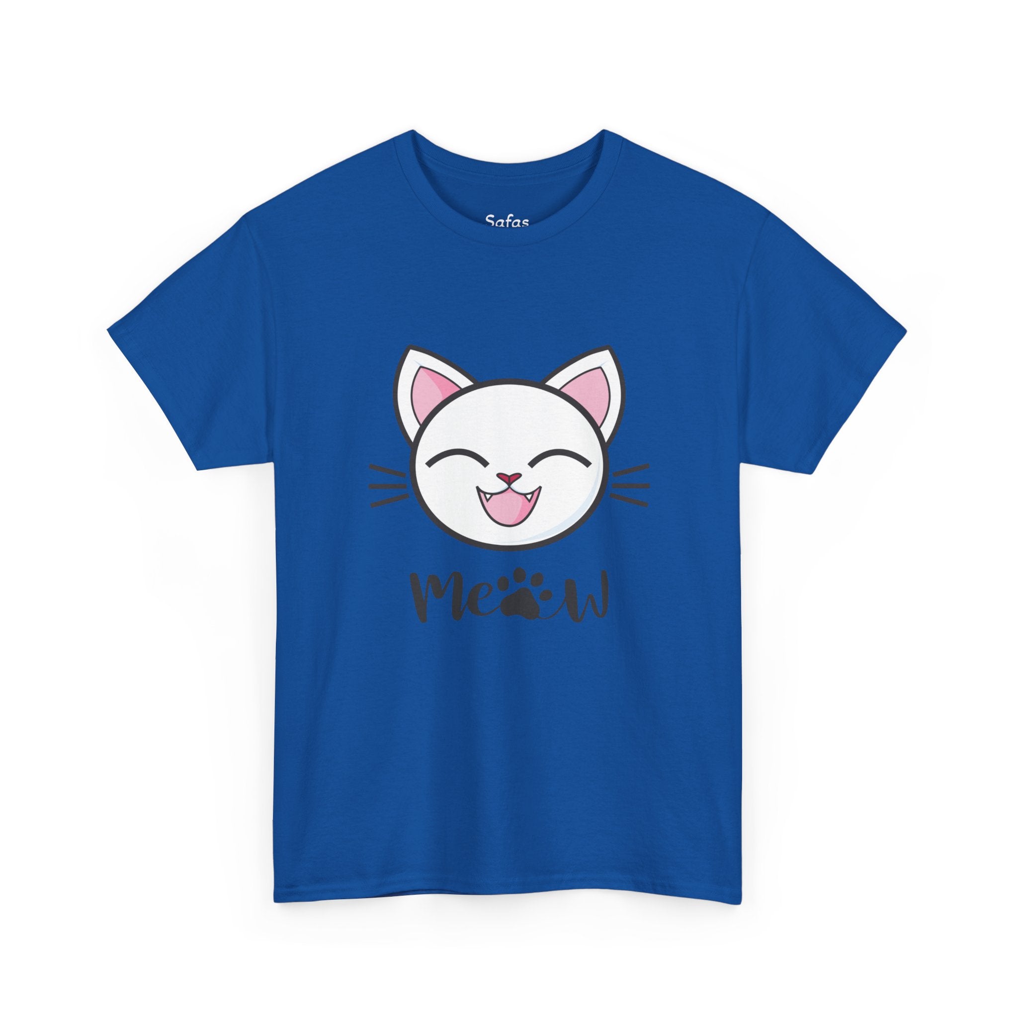 Royal t-shirt with a cartoon cat face design on a white background